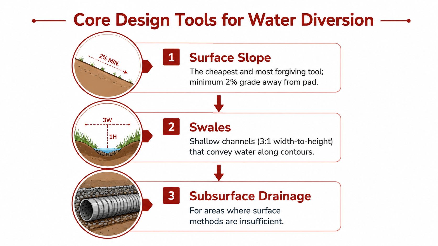 An infographic illustrating three core design tools for water diversion: surface slope, swales, and subsurface drainage systems.