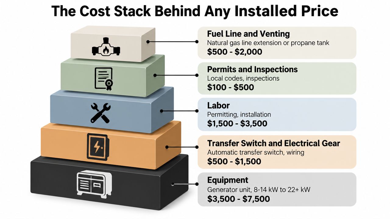 A stacked diagram showing the various cost components of a residential backup generator installation.