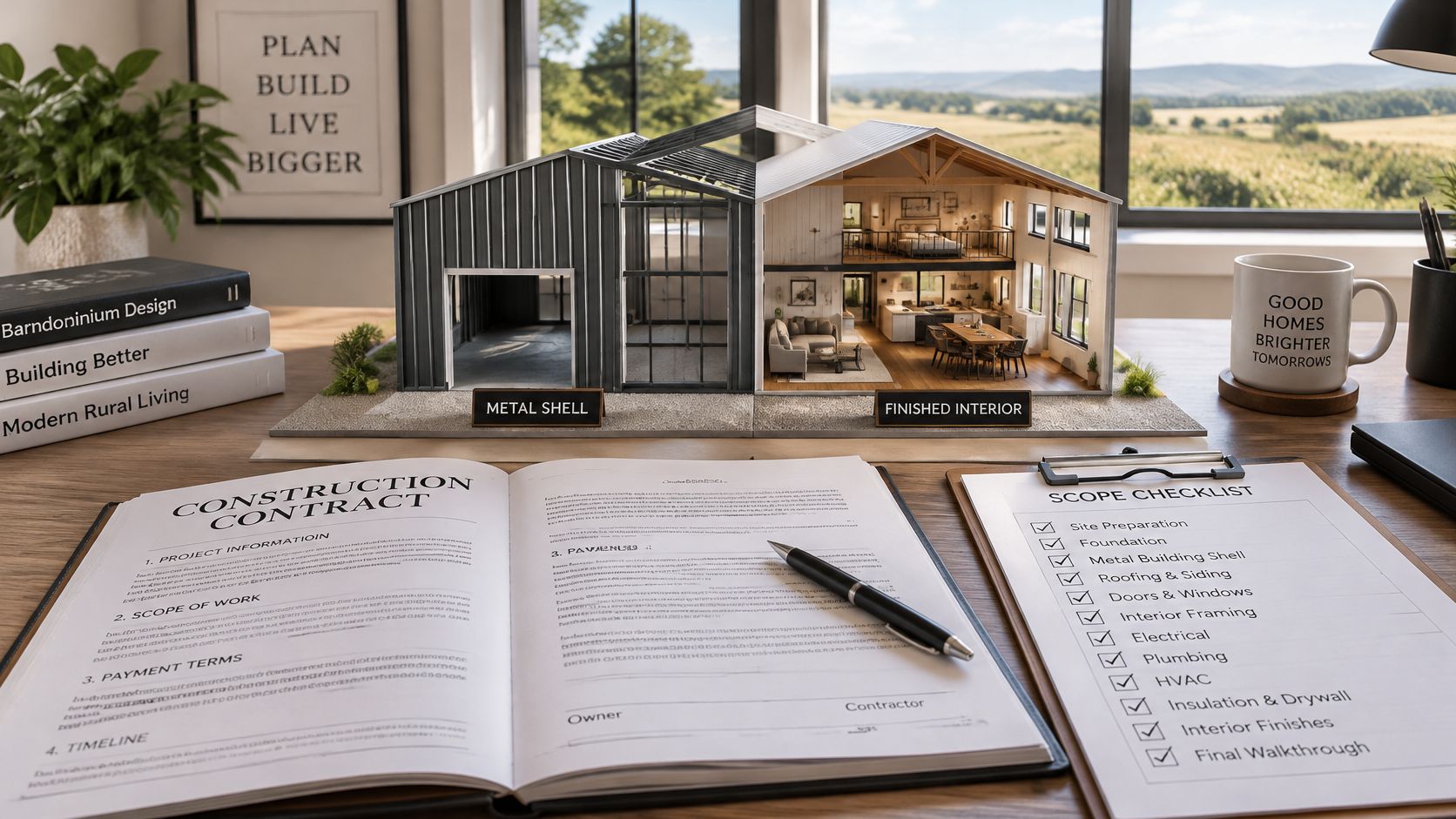 An architectural model of a house showing both structural shell and finished interior alongside a contract and checklist.