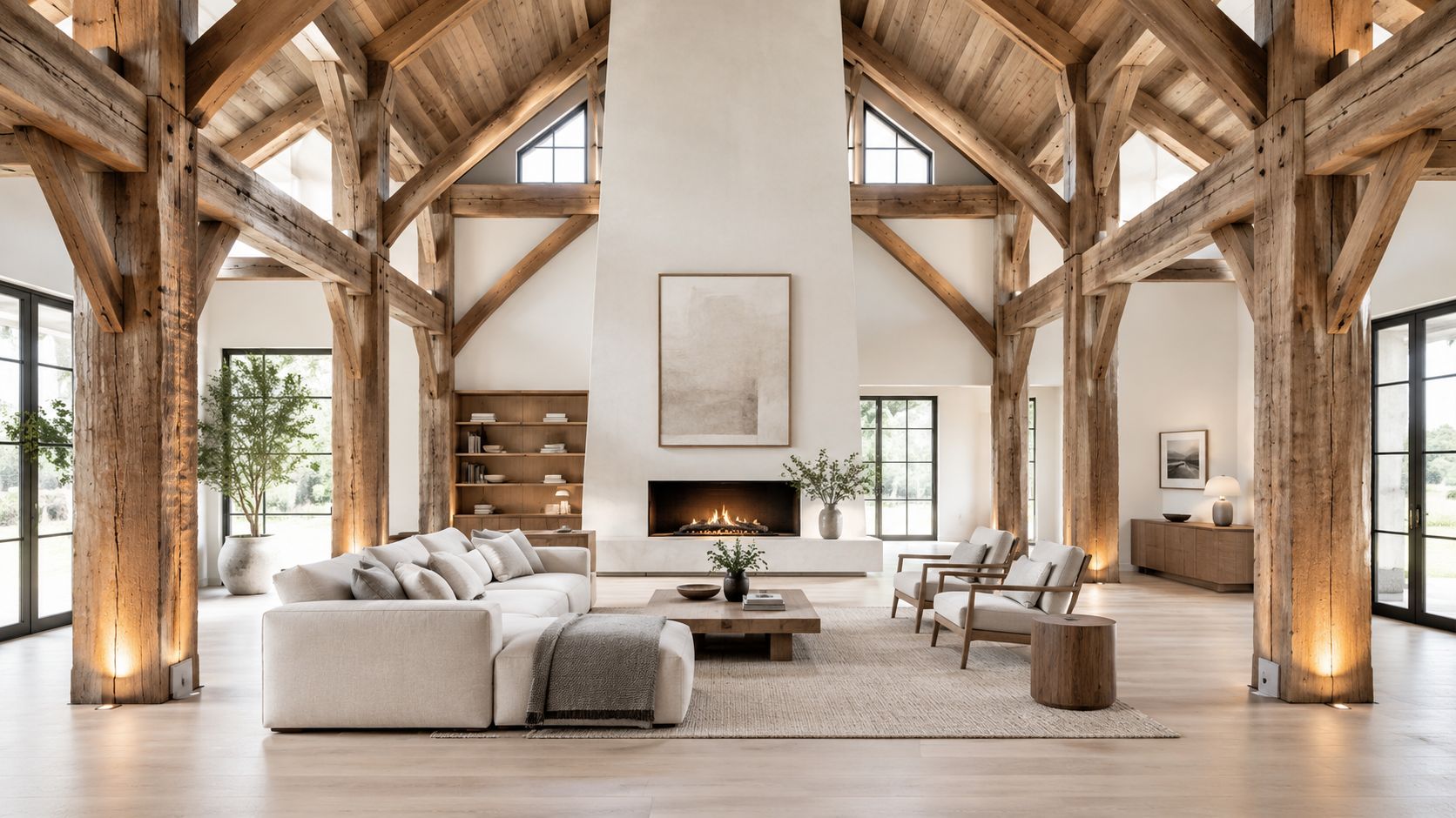 A luxurious and spacious barn house interior featuring vaulted wood ceilings, a large fireplace, and modern neutral decor.