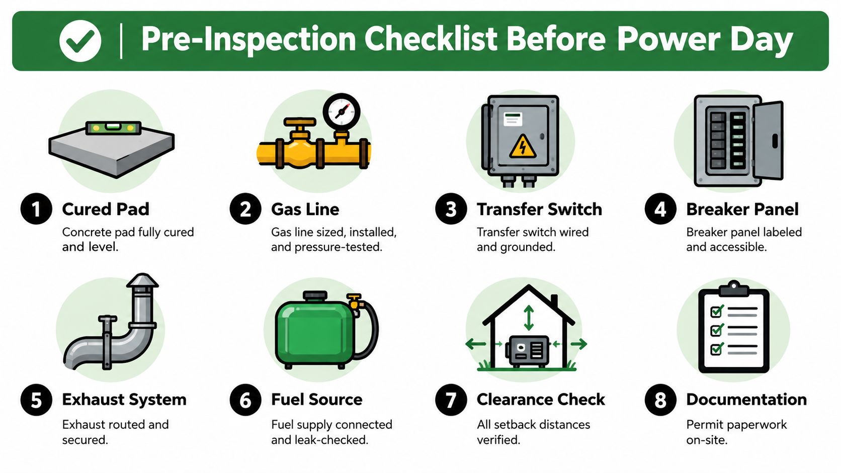 A pre-inspection checklist graphic detailing eight essential steps to prepare for standby generator installation and power day.