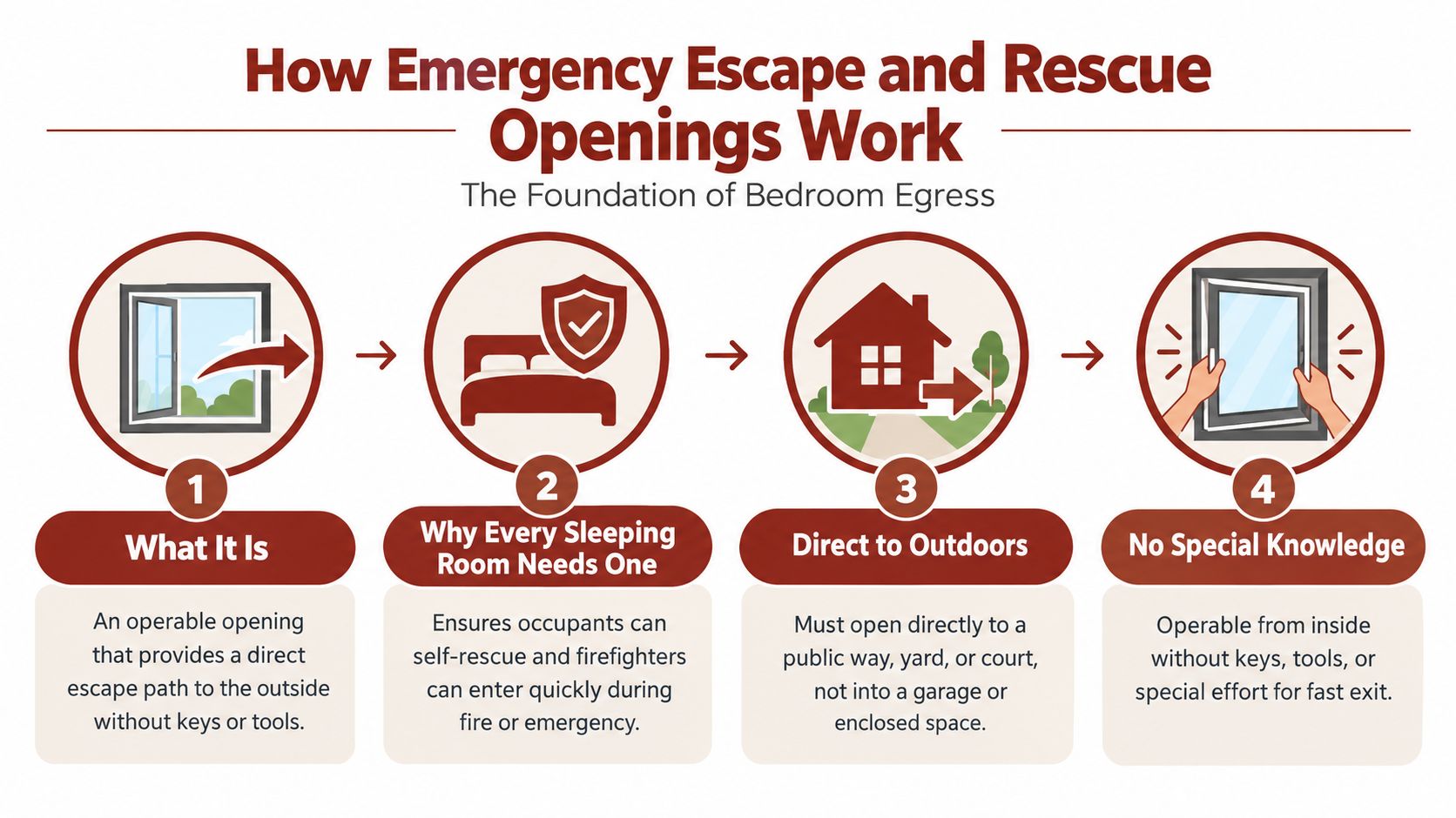 An infographic showing four key safety requirements for emergency escape and rescue windows in bedrooms.