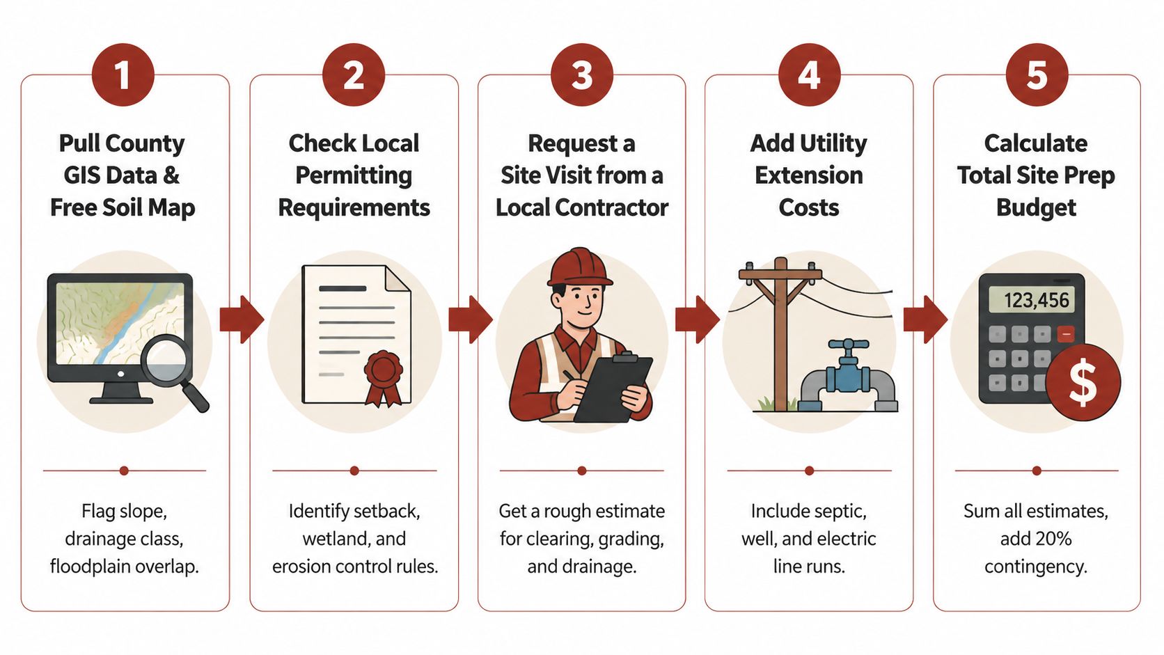 A five-step infographic showing the process for evaluating and budgeting for land site preparation costs.