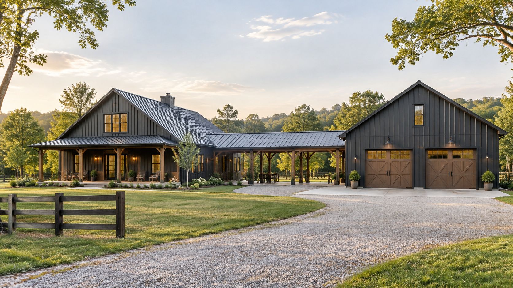 A modern black barndominium featuring a central breezeway connecting the main house to a detached garage.