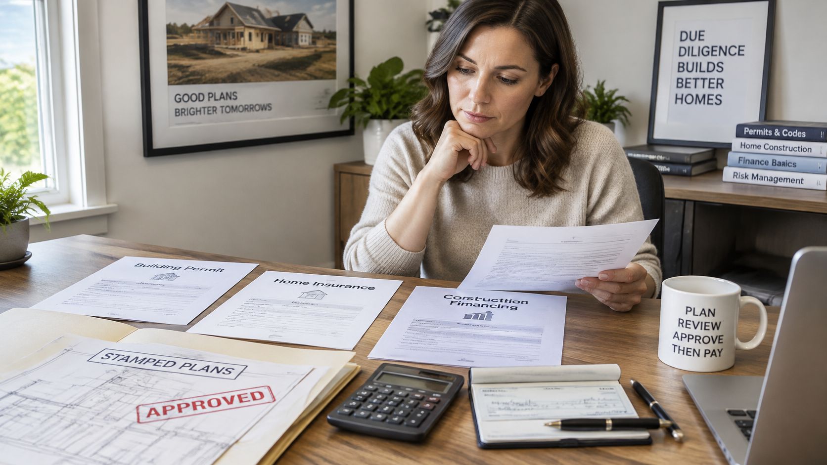 A professional woman reviews various construction documents including building permits and financing paperwork at her desk.