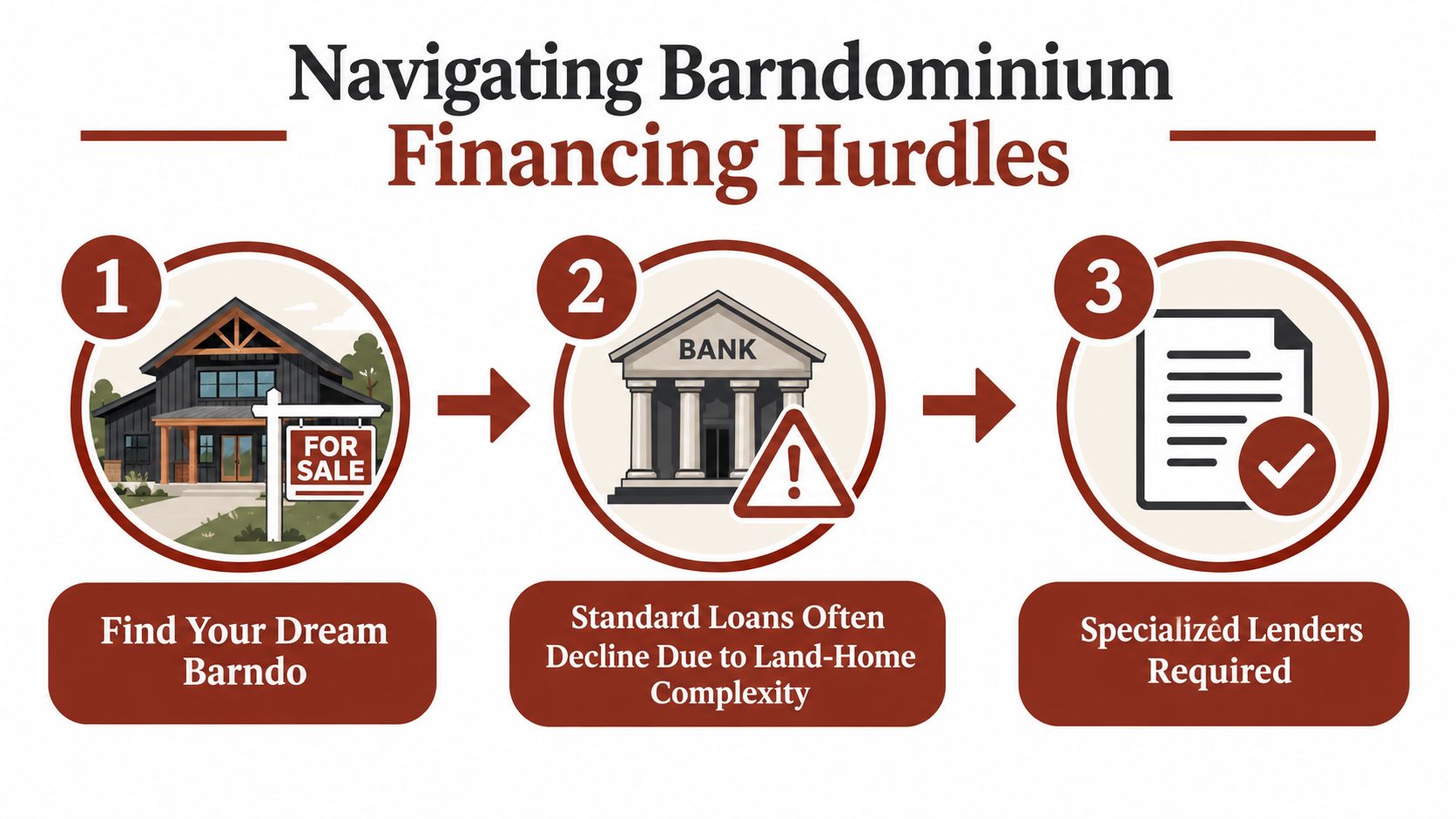 A three-step infographic showing the process of finding and financing a barndominium with specialized lenders.