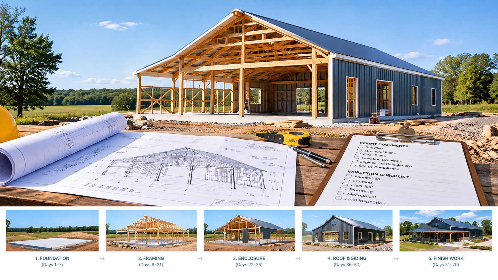 A construction site showing the stages of building a barn-style house with blueprints and checklists on a table.