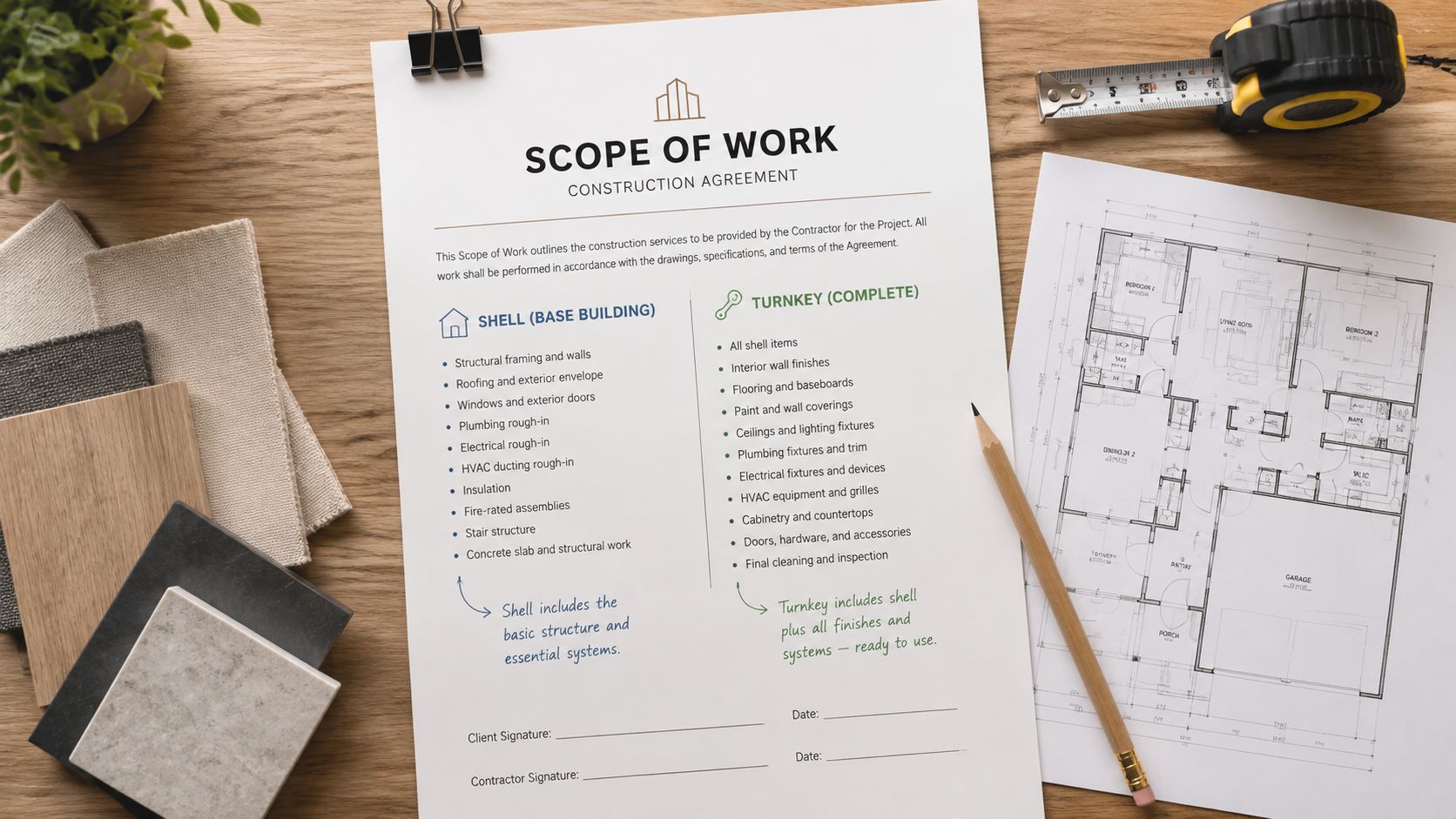 A document titled Scope of Work for a construction project, alongside architectural plans, materials, and tools.