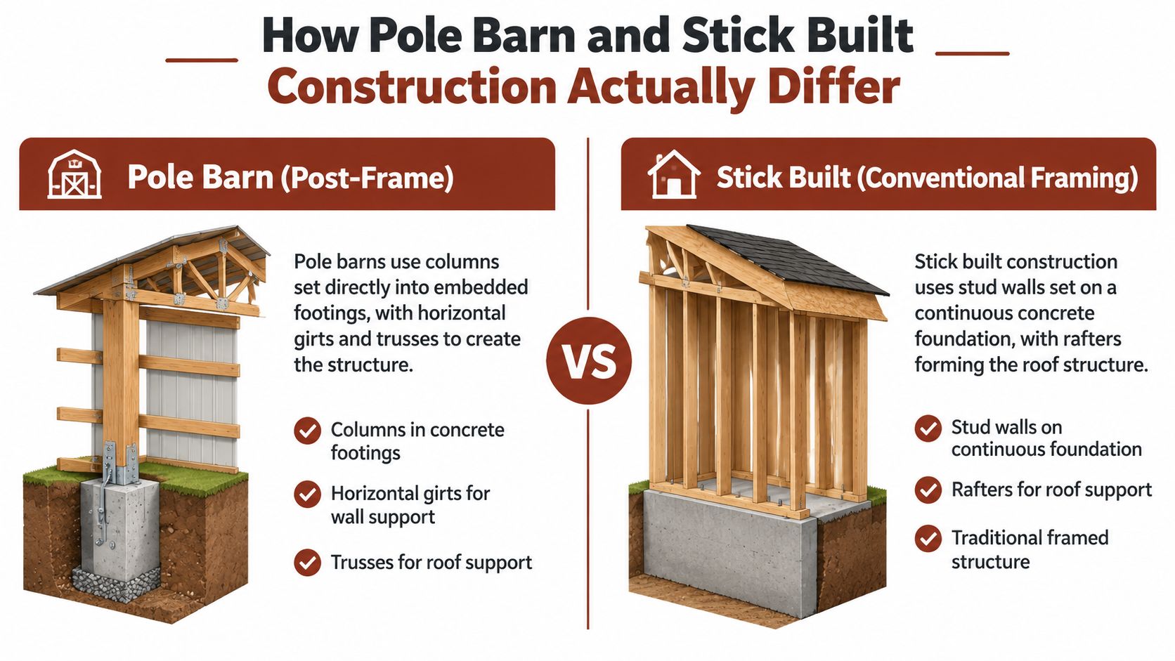 An infographic comparing construction differences between pole barn post-frame structures and stick-built conventional framing methods.