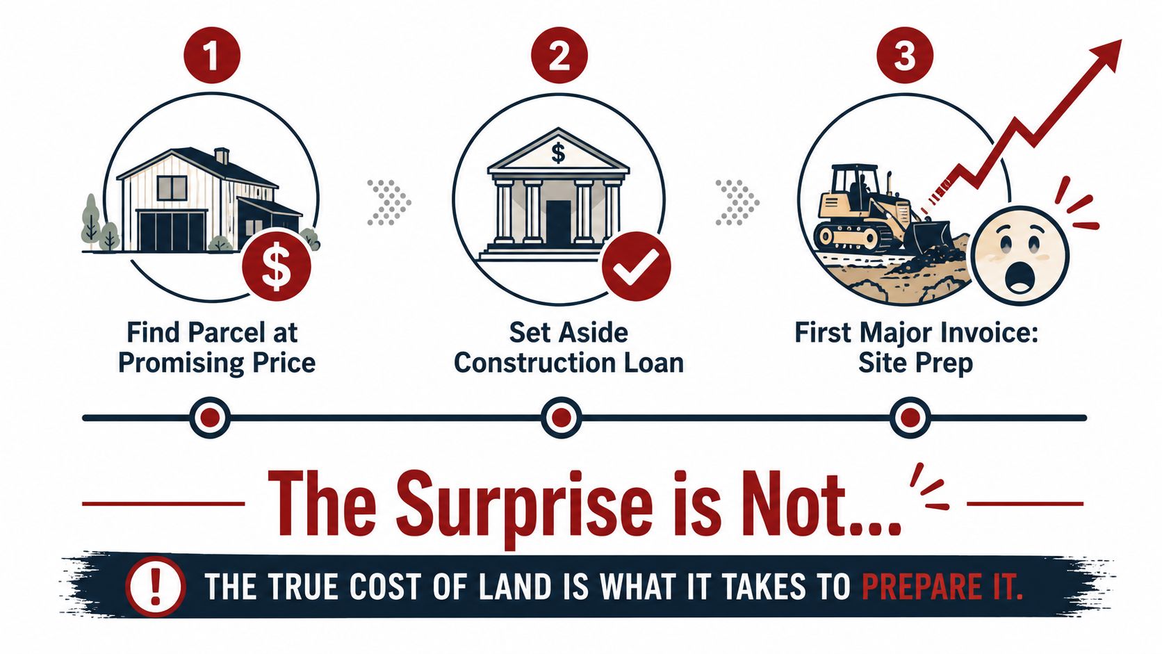 A three-step infographic illustrating the hidden costs of land preparation for construction projects.