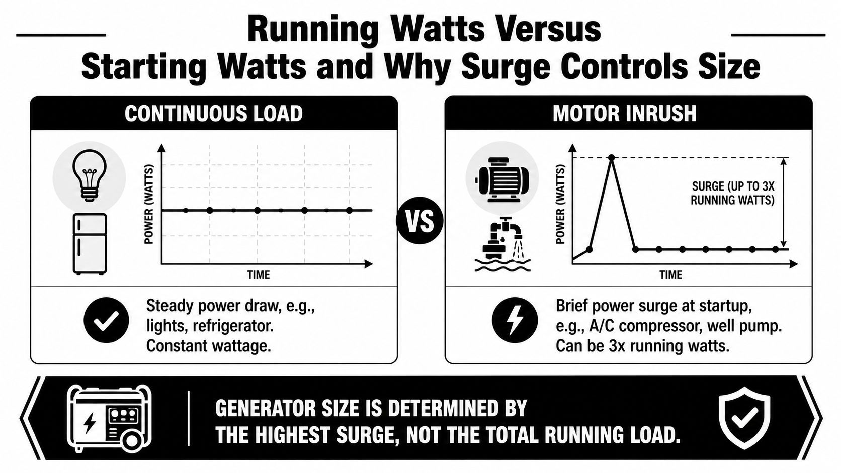 An infographic explaining the difference between continuous running watts and surge starting watts for generator sizing.