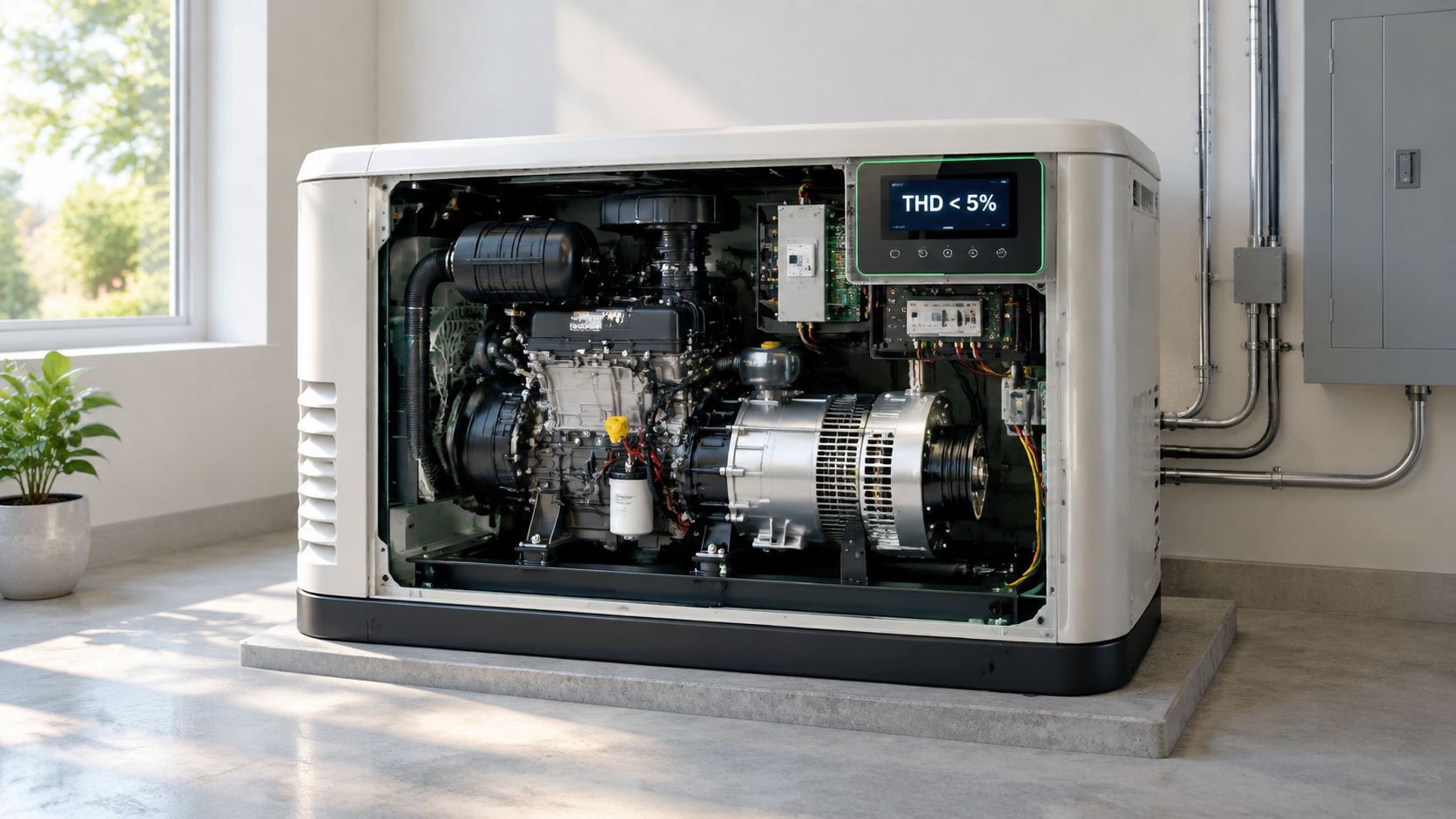A modern whole house inverter generator sits on a concrete pad inside a bright home garage.