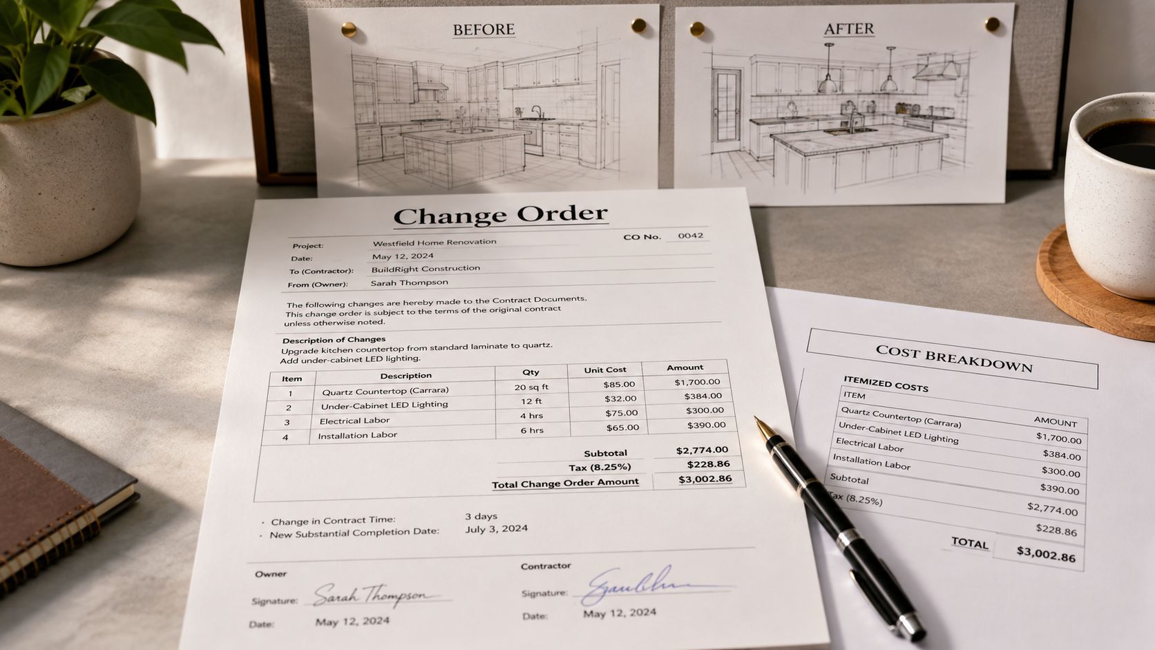 A change order document for home renovation sits on a desk alongside architectural kitchen design sketches.