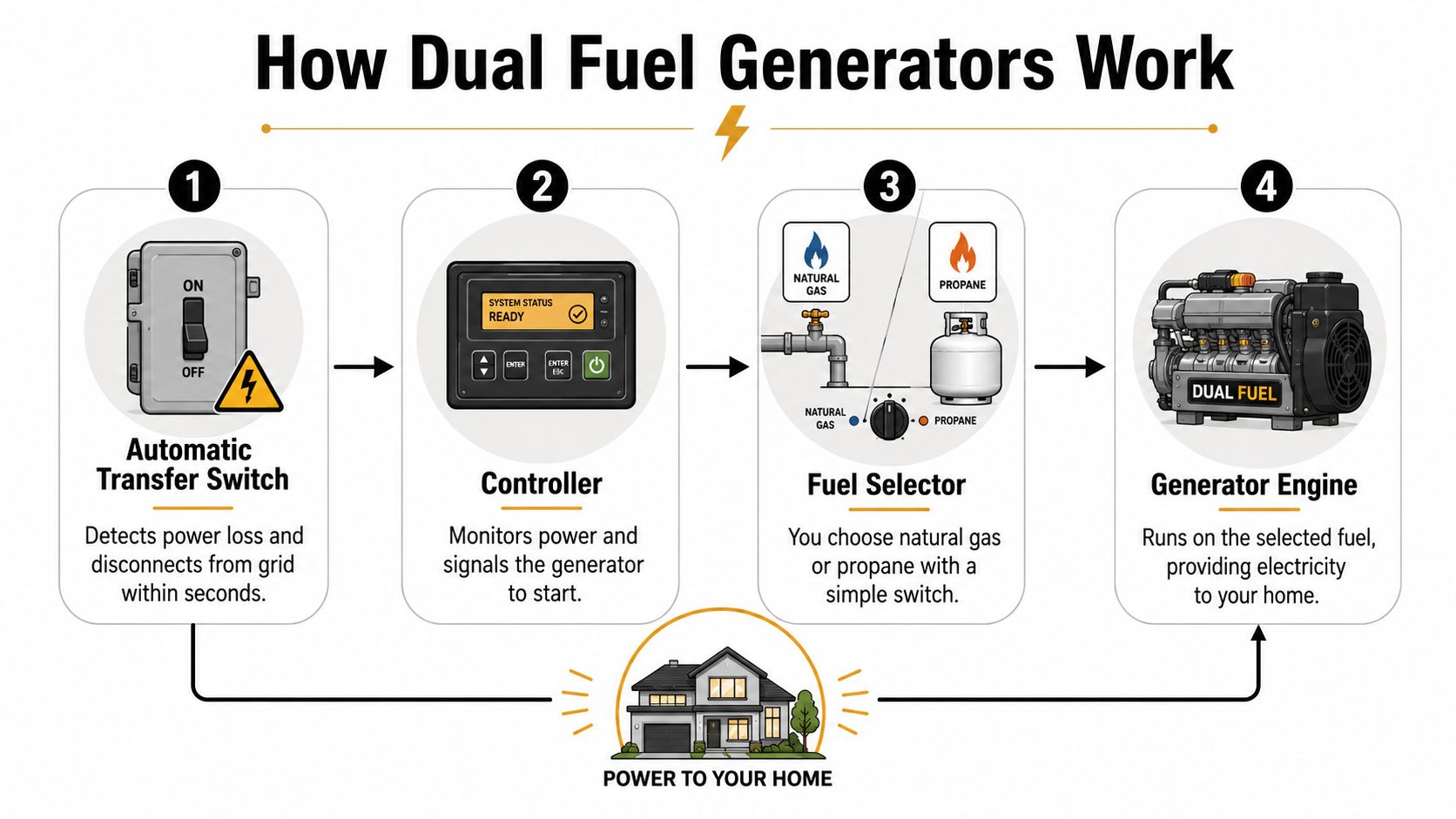 A diagram illustrating the four-step operation process of a dual fuel generator for residential power backup.