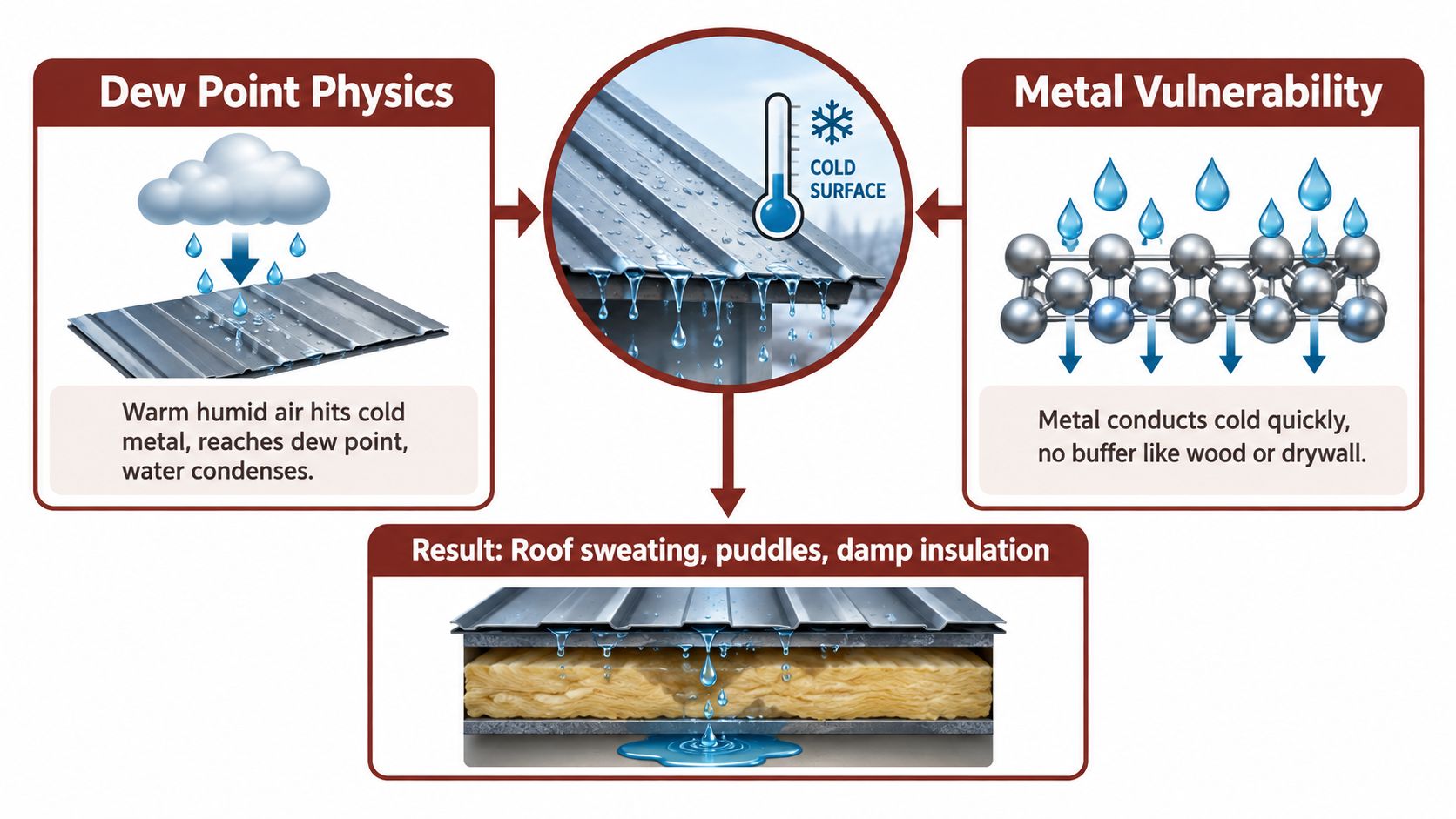 A diagram explaining roof condensation, showing how warm air hits cold metal surfaces causing water dripping.
