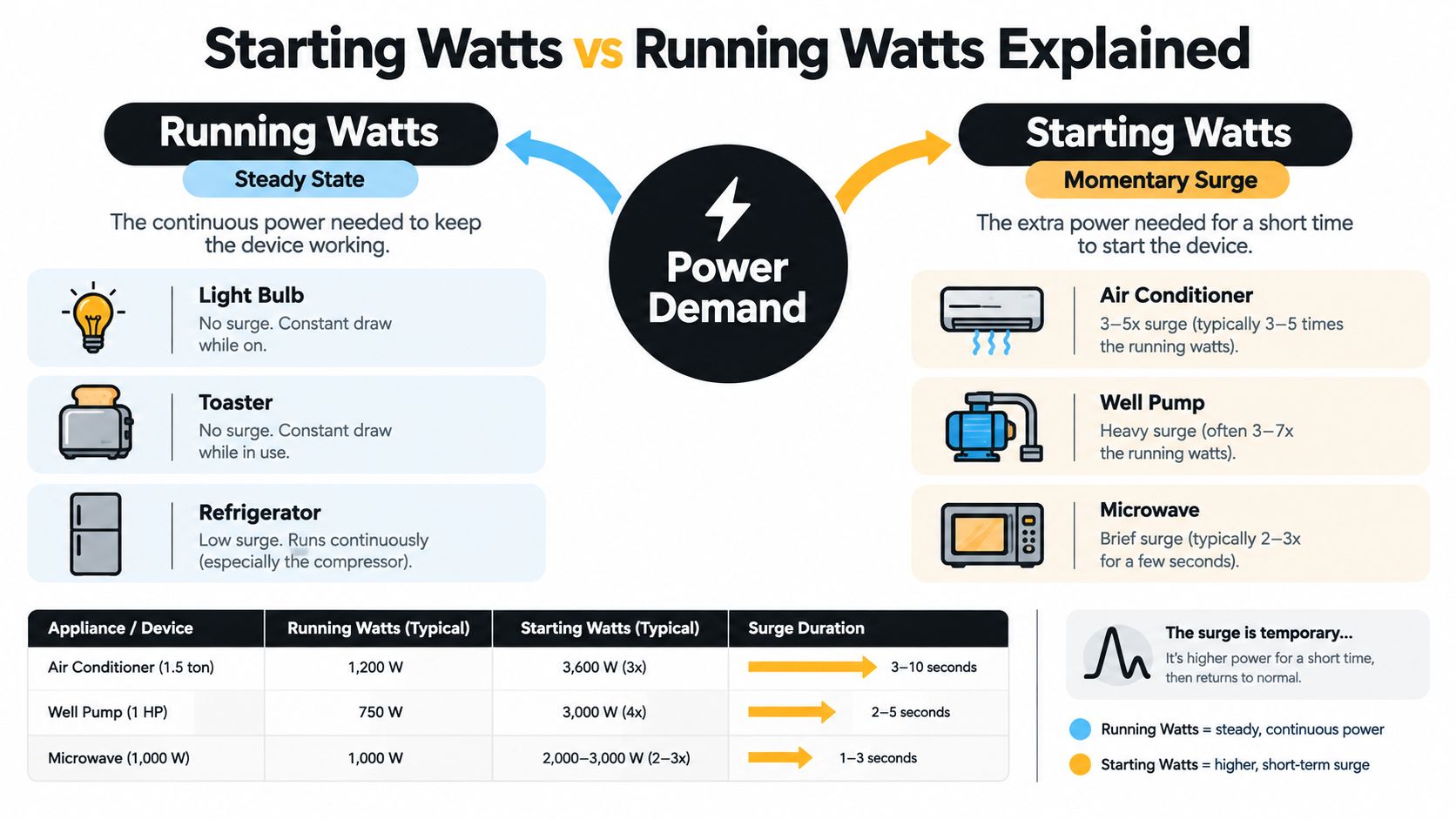 A diagram explaining the difference between running watts and starting watts for various home appliances.
