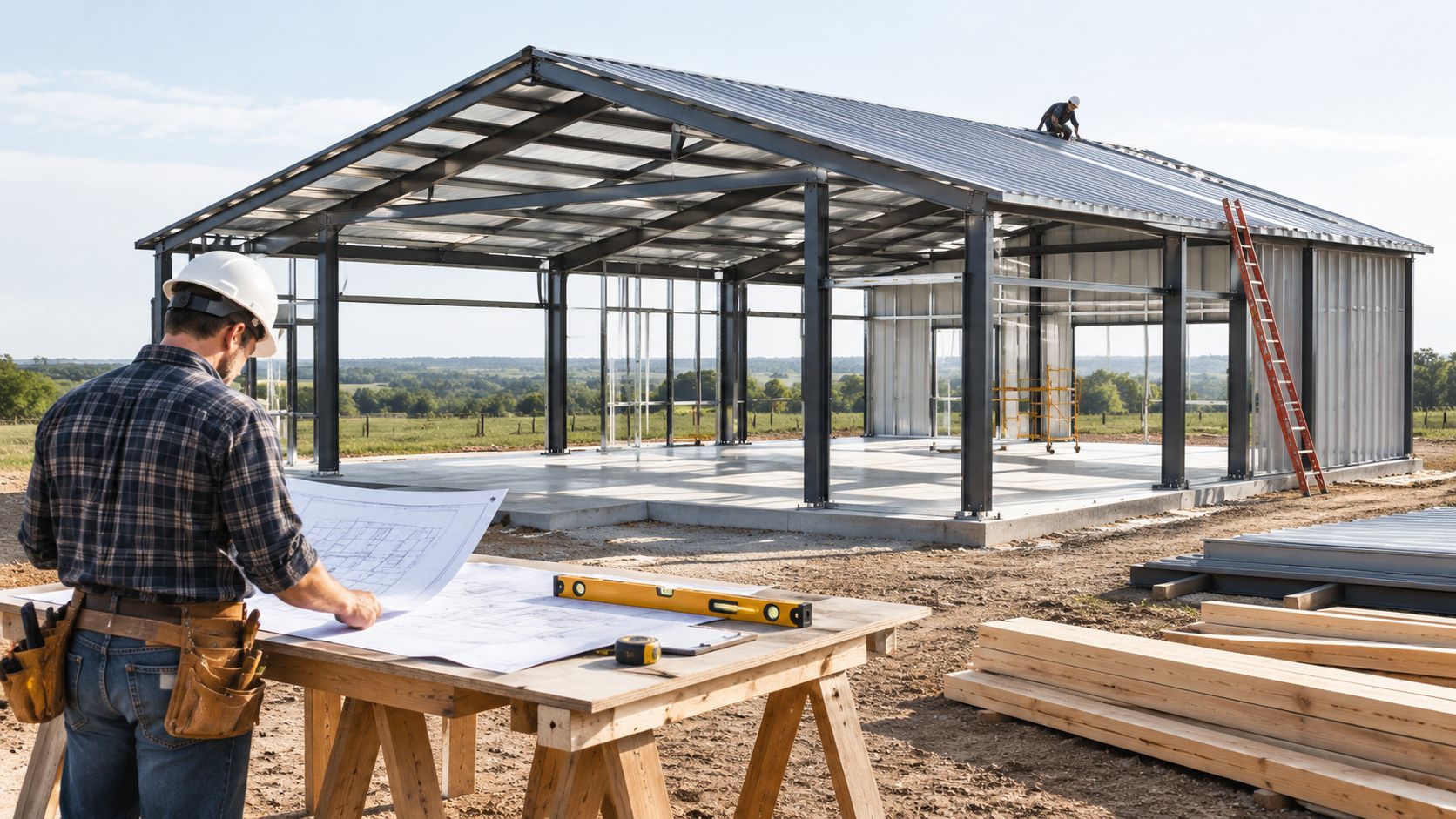 A construction manager reviews blueprints in front of a metal barndominium shell under construction on site.
