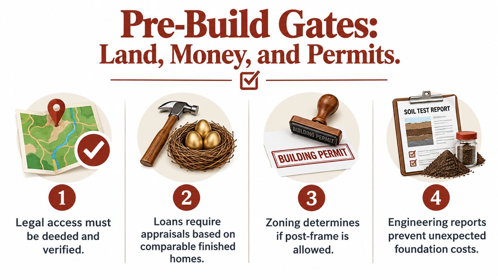 An infographic titled Pre-Build Gates showing four steps for land, money, and permit requirements for construction.
