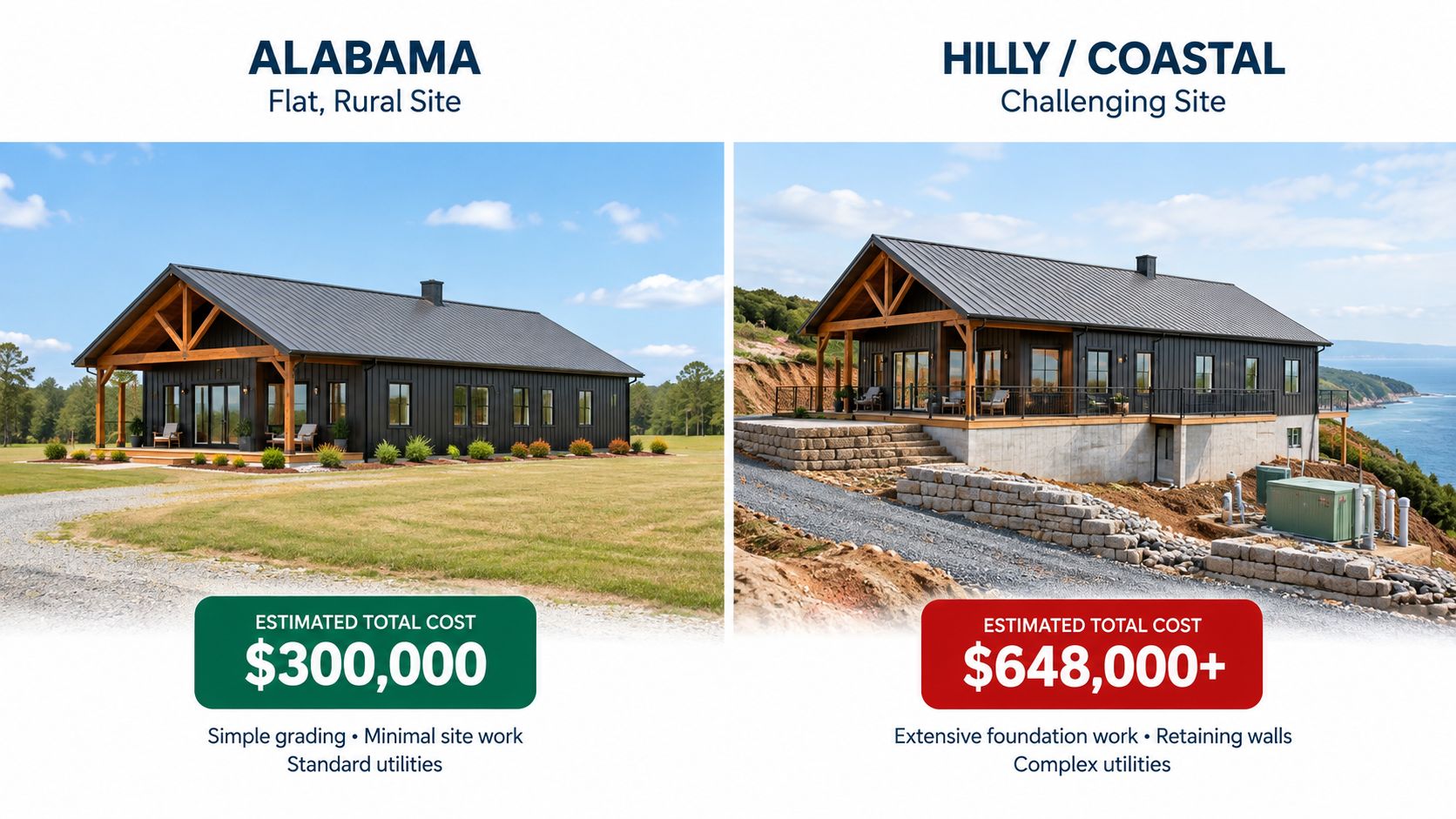 A comparison image showing the cost difference between building a barndominium on a flat site versus a challenging site.