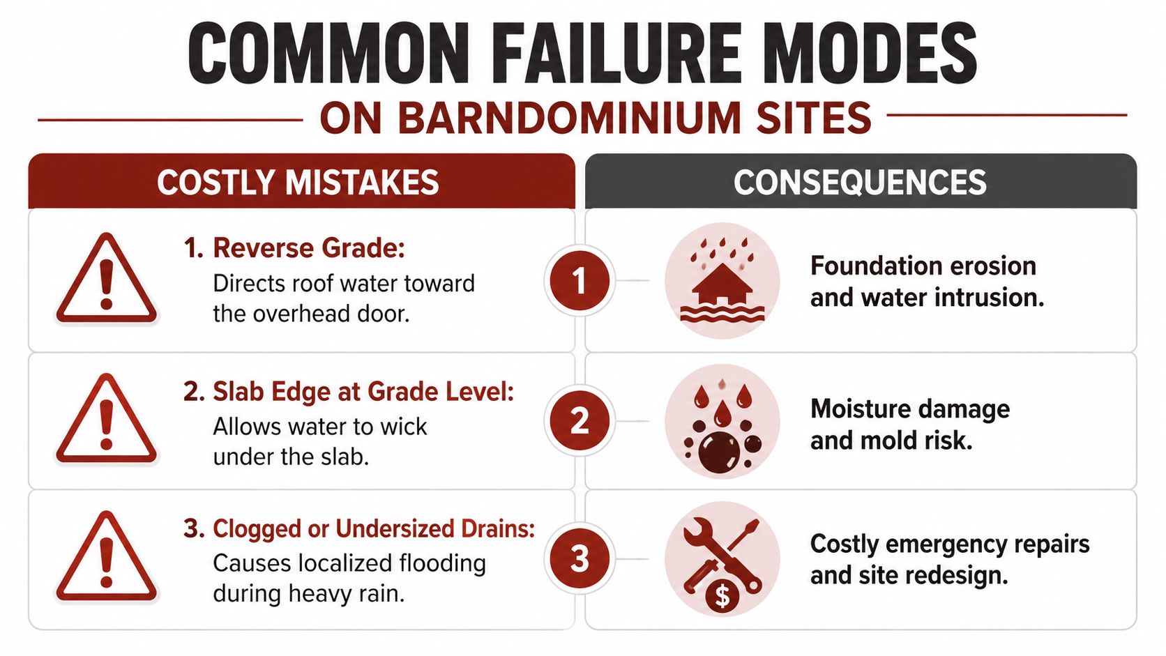 An infographic detailing three common construction failures related to grading and drainage on barndominium building sites.