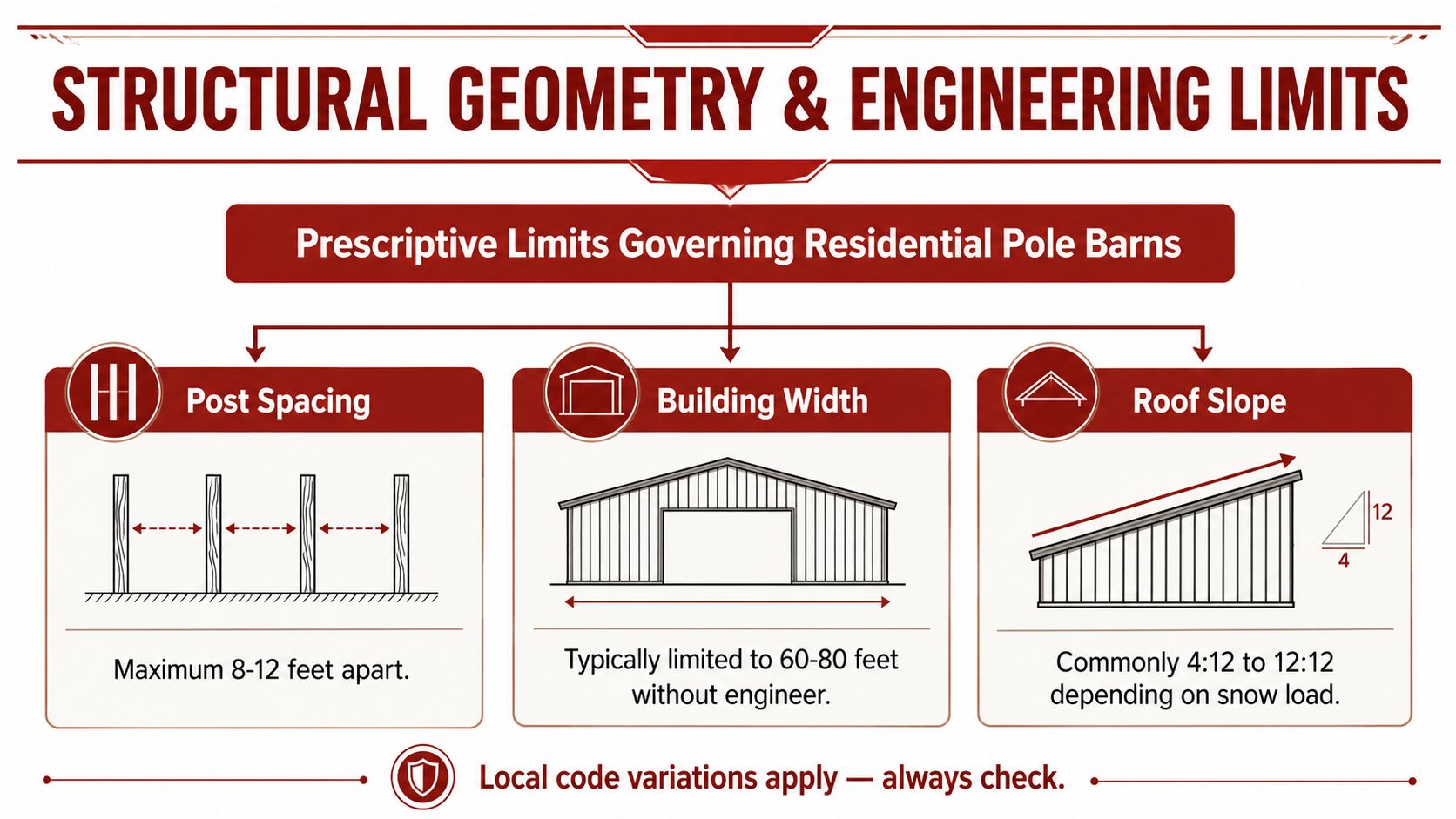 A diagram outlining structural geometry and engineering limits for residential pole barns including spacing and slope requirements.