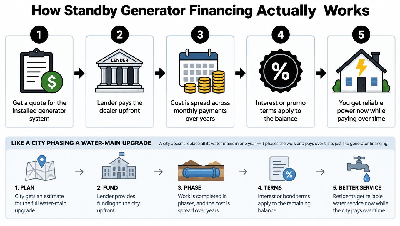 An infographic comparing standby generator financing processes to city water-main infrastructure projects using a five-step visual model.