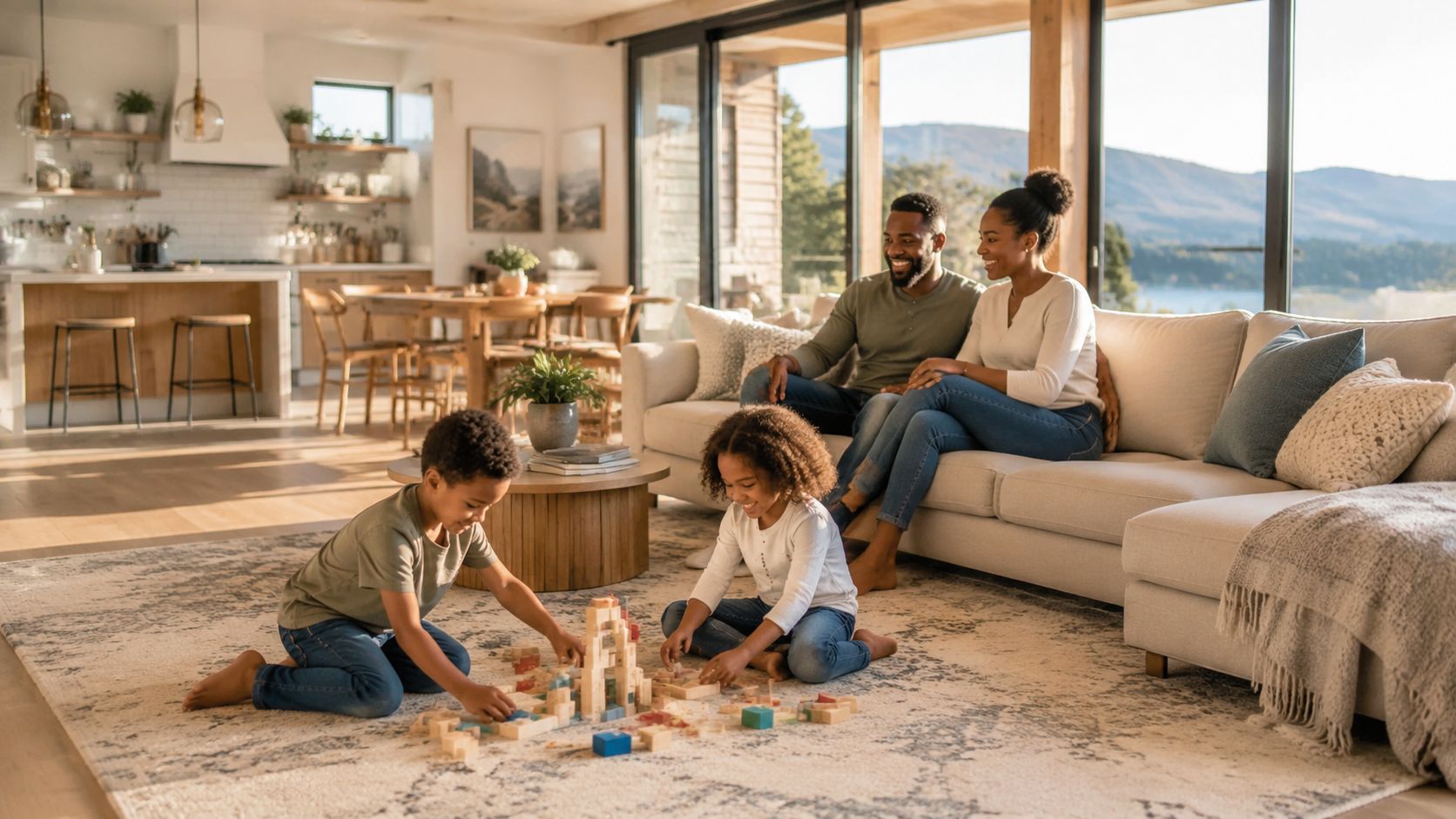 A happy family relaxing in a sunlit modern barndominium living room while children play with building blocks.