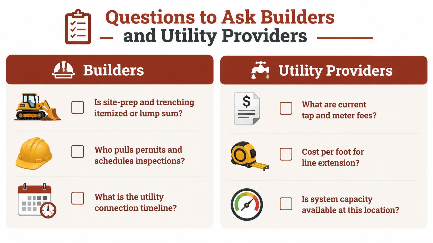 A checklist infographic listing essential questions to ask home builders and local utility service providers during construction.