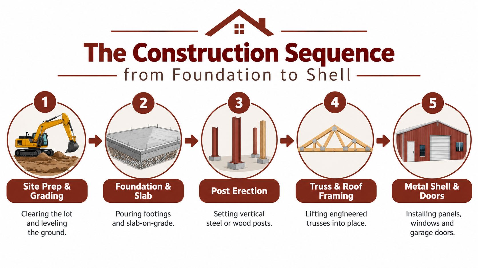 An infographic showing the five-step construction sequence for building a barndominium from foundation to finished shell.