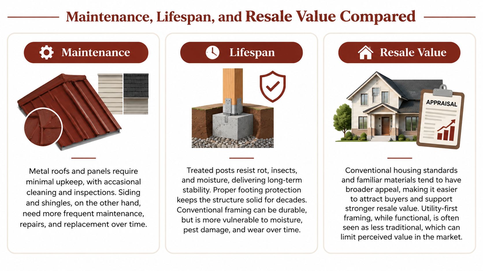 A comparison infographic showing maintenance, lifespan, and resale value differences between metal roofing and traditional housing structures.