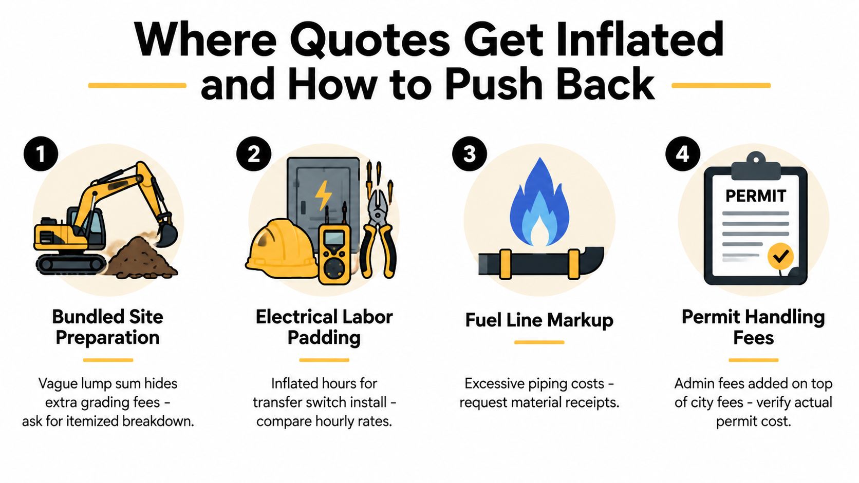 An infographic showing four common areas where construction and installation quotes get inflated for homeowners.