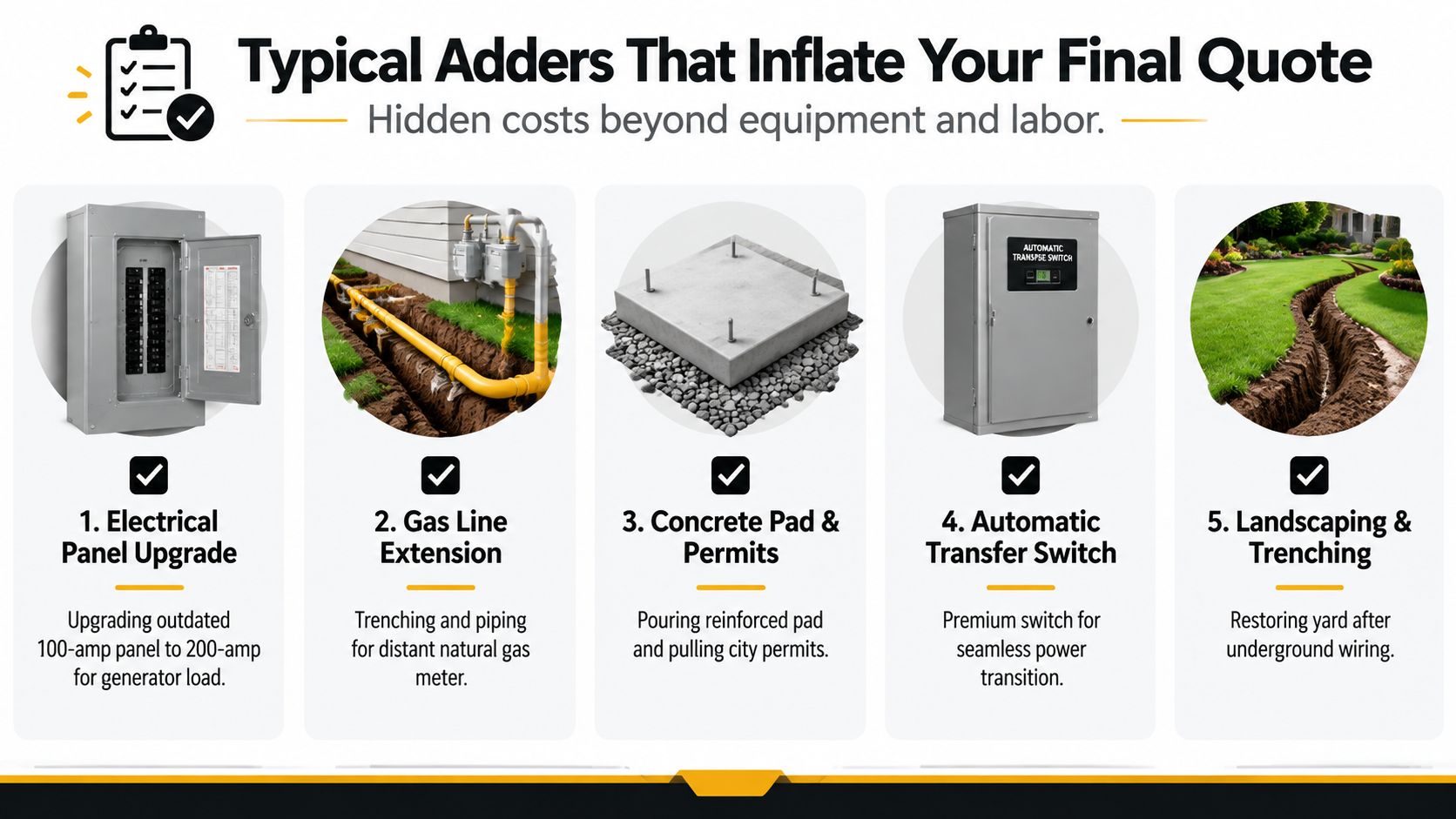 A graphic listing five typical hidden costs that can increase the final price of installing home generators.