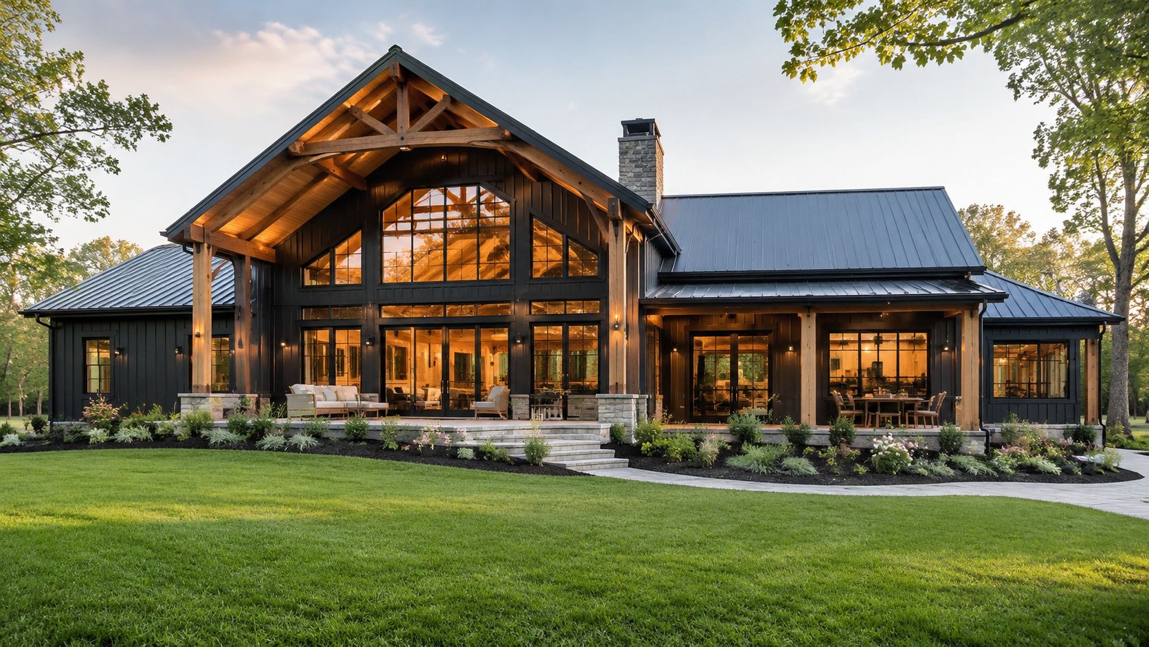 A modern post frame construction house with black siding, timber beams, and expansive windows at sunset.
