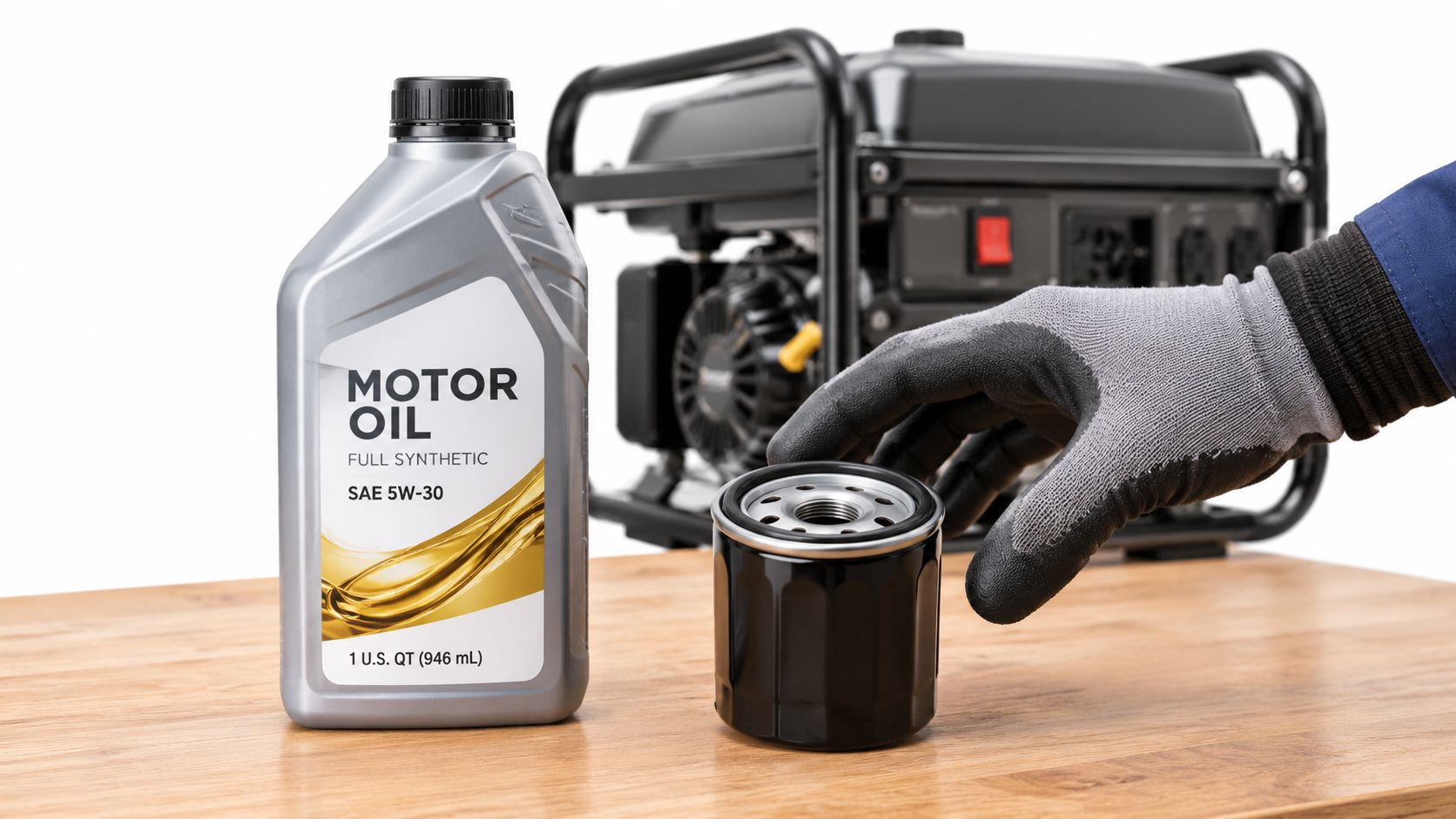 A person in gloves holding an oil filter next to a bottle of synthetic motor oil and generator.