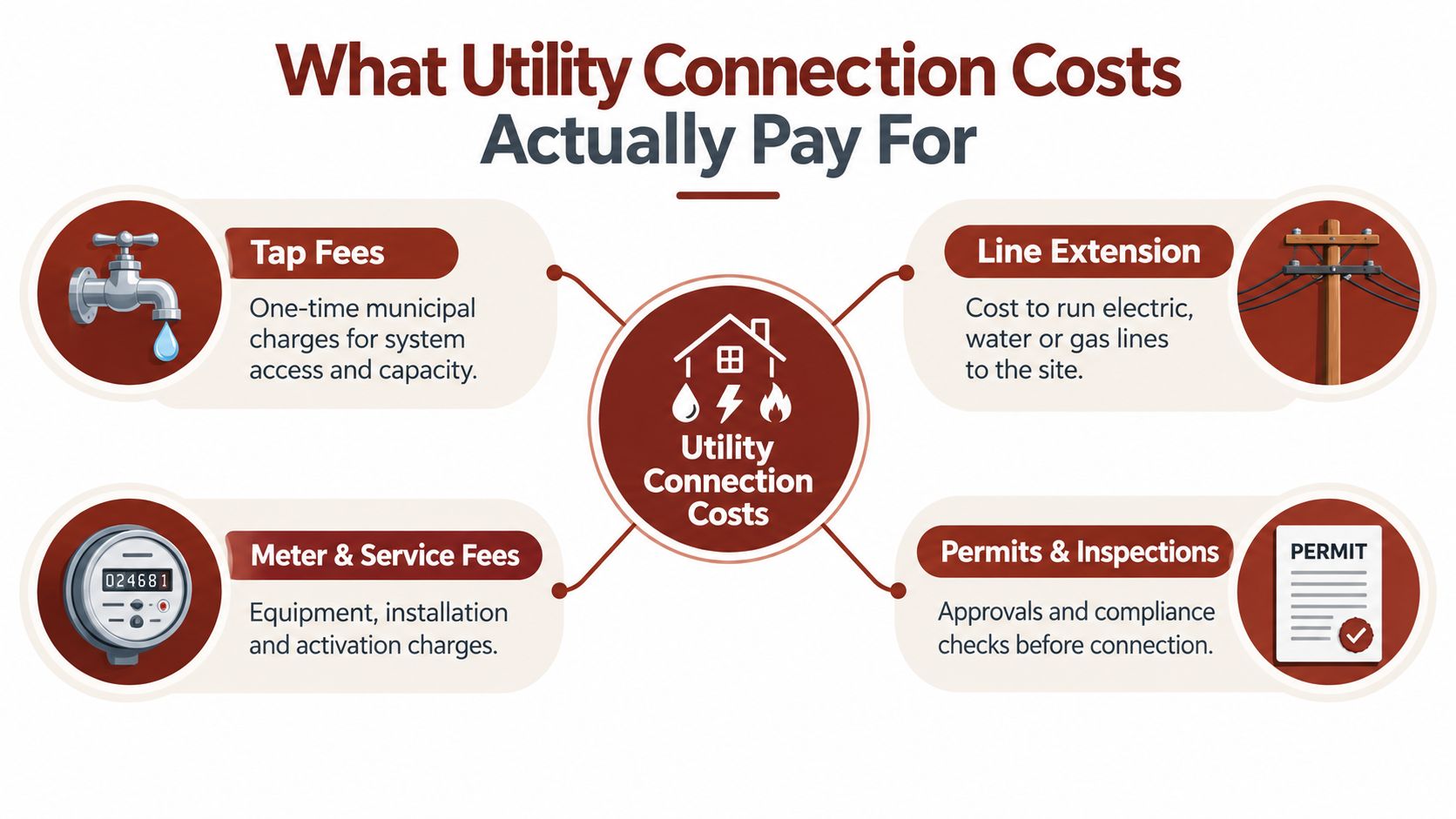 An infographic titled What Utility Connection Costs Actually Pay For, illustrating tap fees, line extensions, meter fees, and permits.