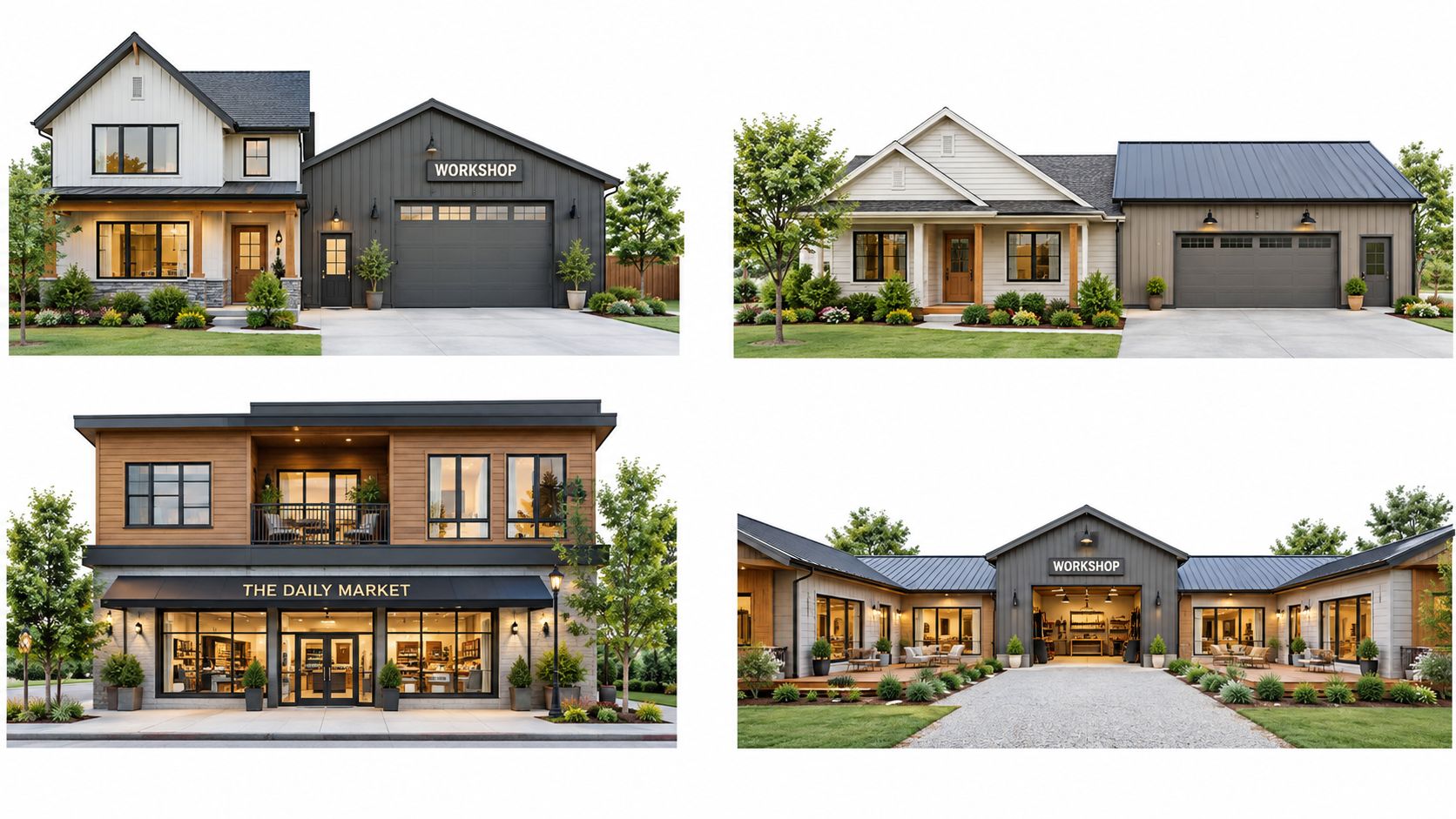 A collage showing four different architectural designs of a shop with living quarters featuring modern residential exteriors.