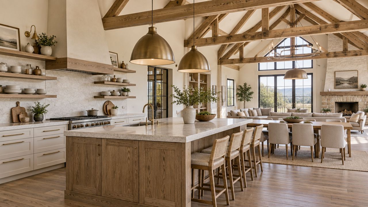 A luxurious open-concept kitchen and living area featuring rustic wooden beams, marble countertops, and warm farmhouse-style decor.