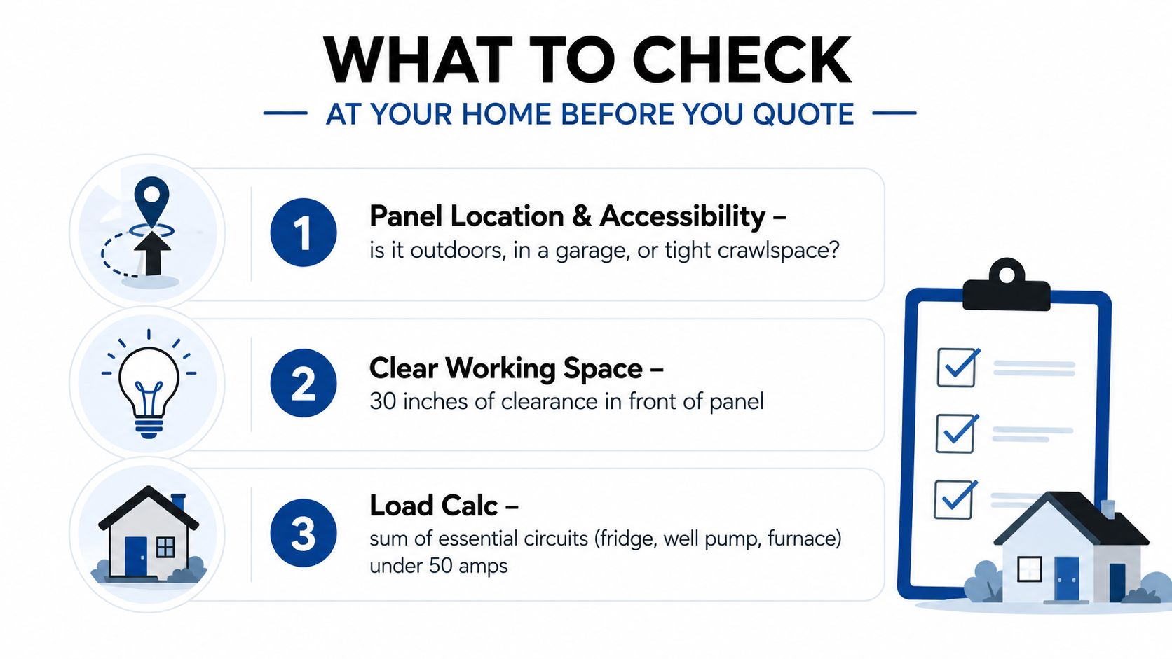 An infographic checklist for homeowners to review their electrical panel setup before requesting a professional installation quote.