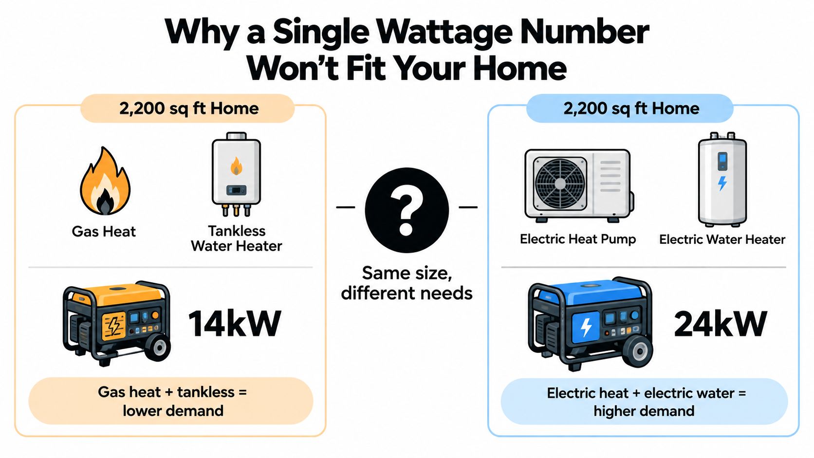 An infographic showing that homes of the same size require different generator wattages based on fuel sources.