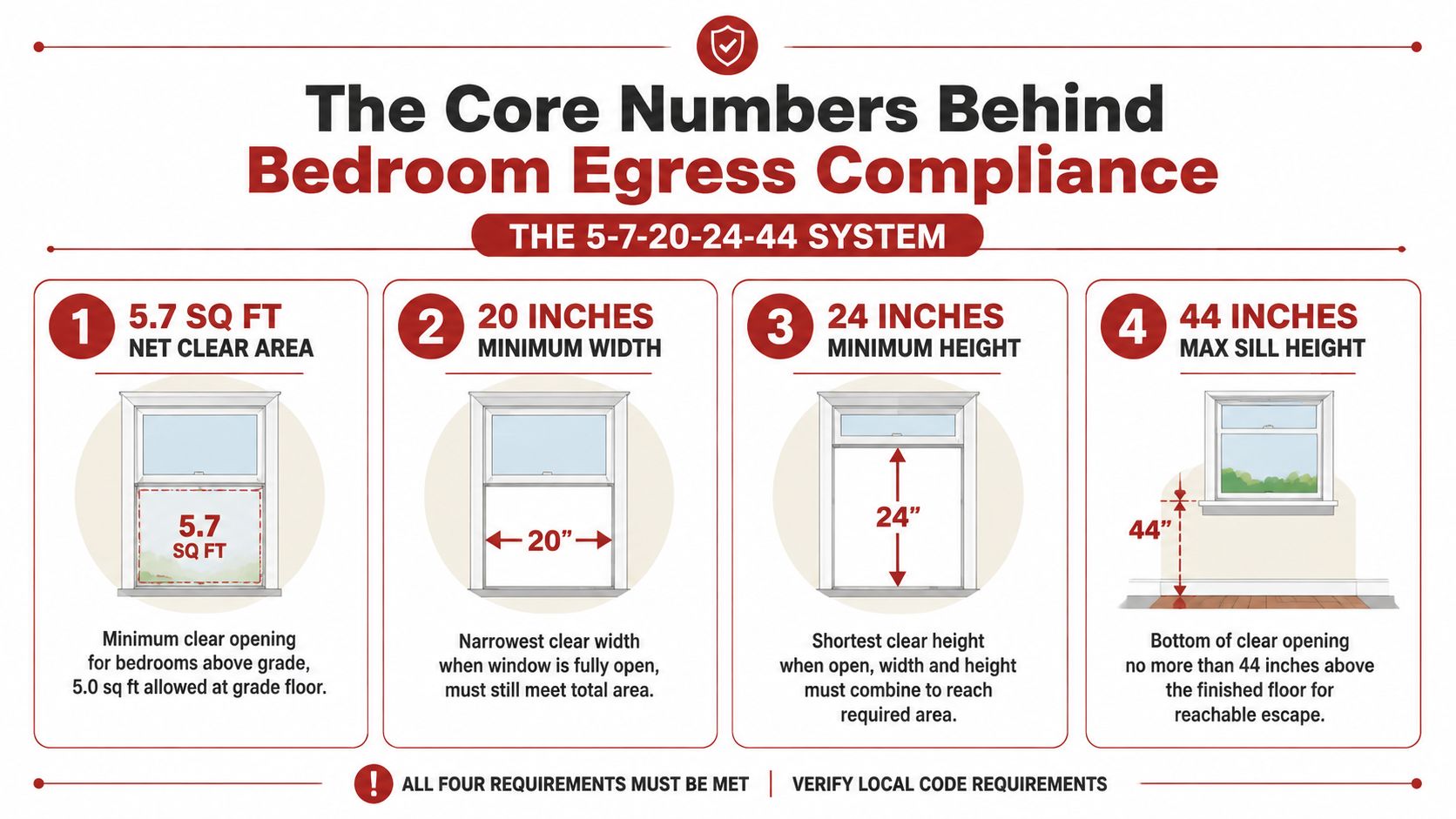 An infographic detailing the bedroom egress requirements, showing the 5-7-20-24-44 rule for safety window dimensions.