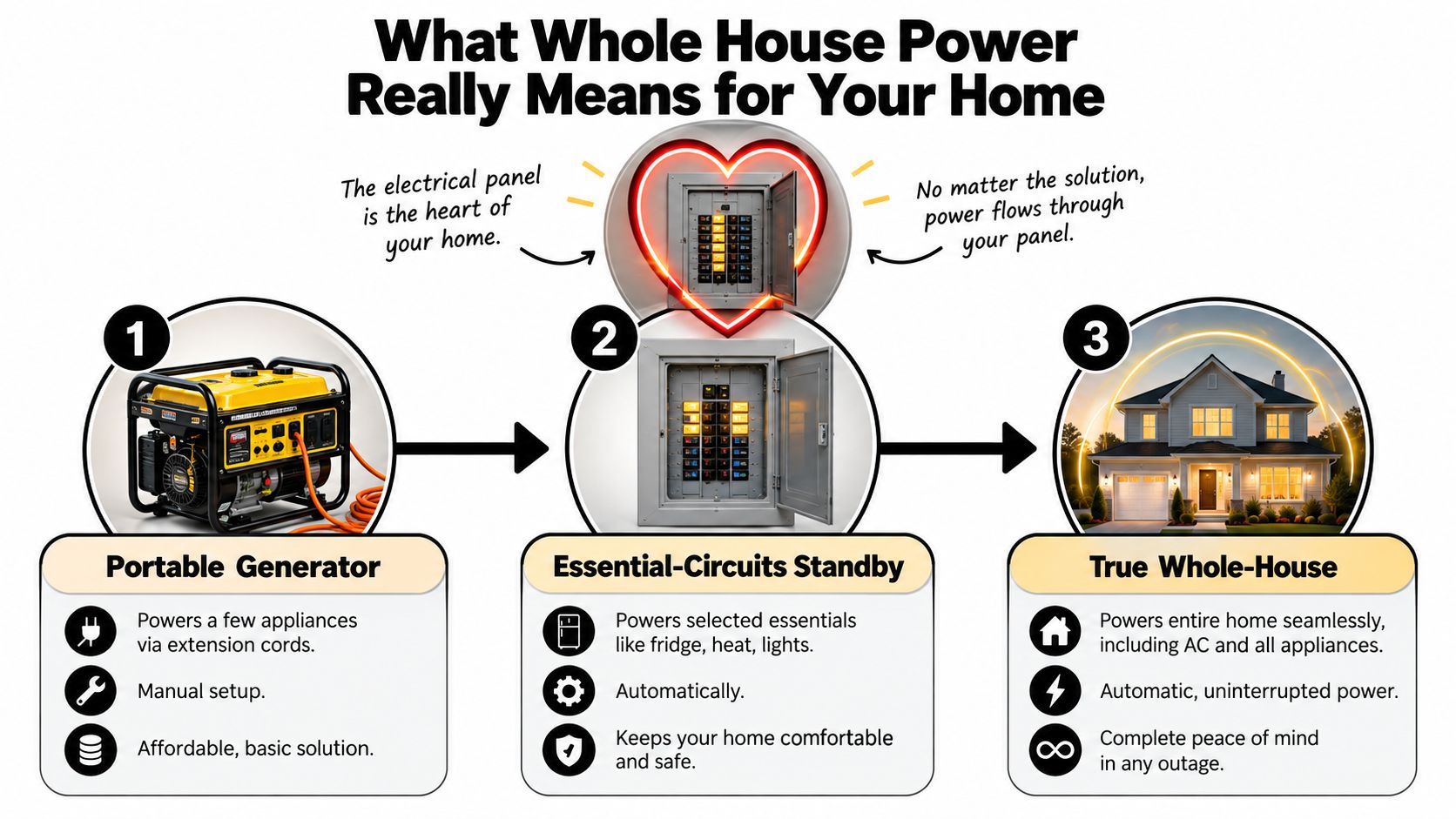 A diagram illustrating the three types of home power solutions: portable generators, essential-circuits standby, and whole-house systems.