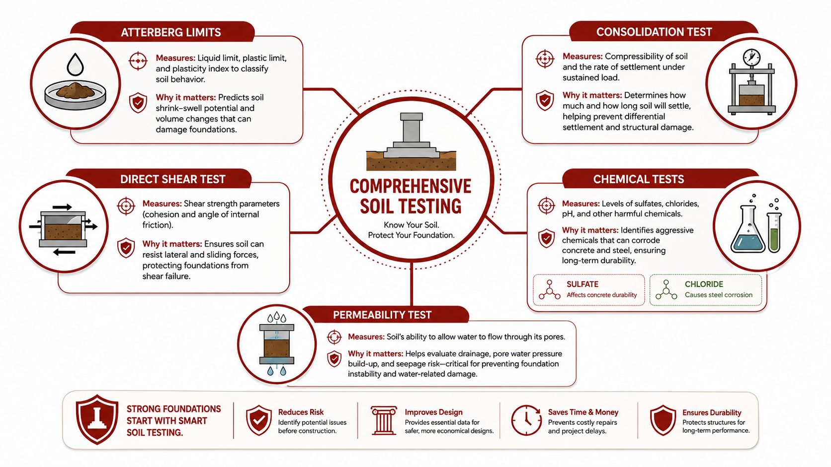 An infographic showing various comprehensive soil testing methods for evaluating ground stability and foundation protection.
