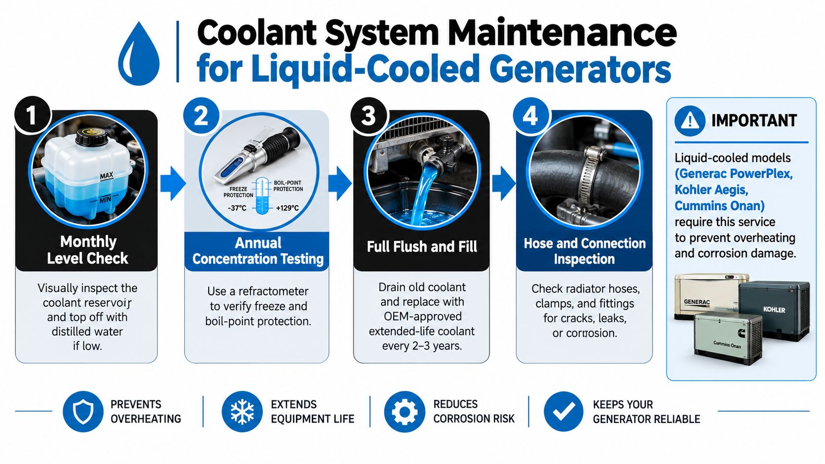 A four-step infographic showing the maintenance process for the coolant system of liquid-cooled standby generators.
