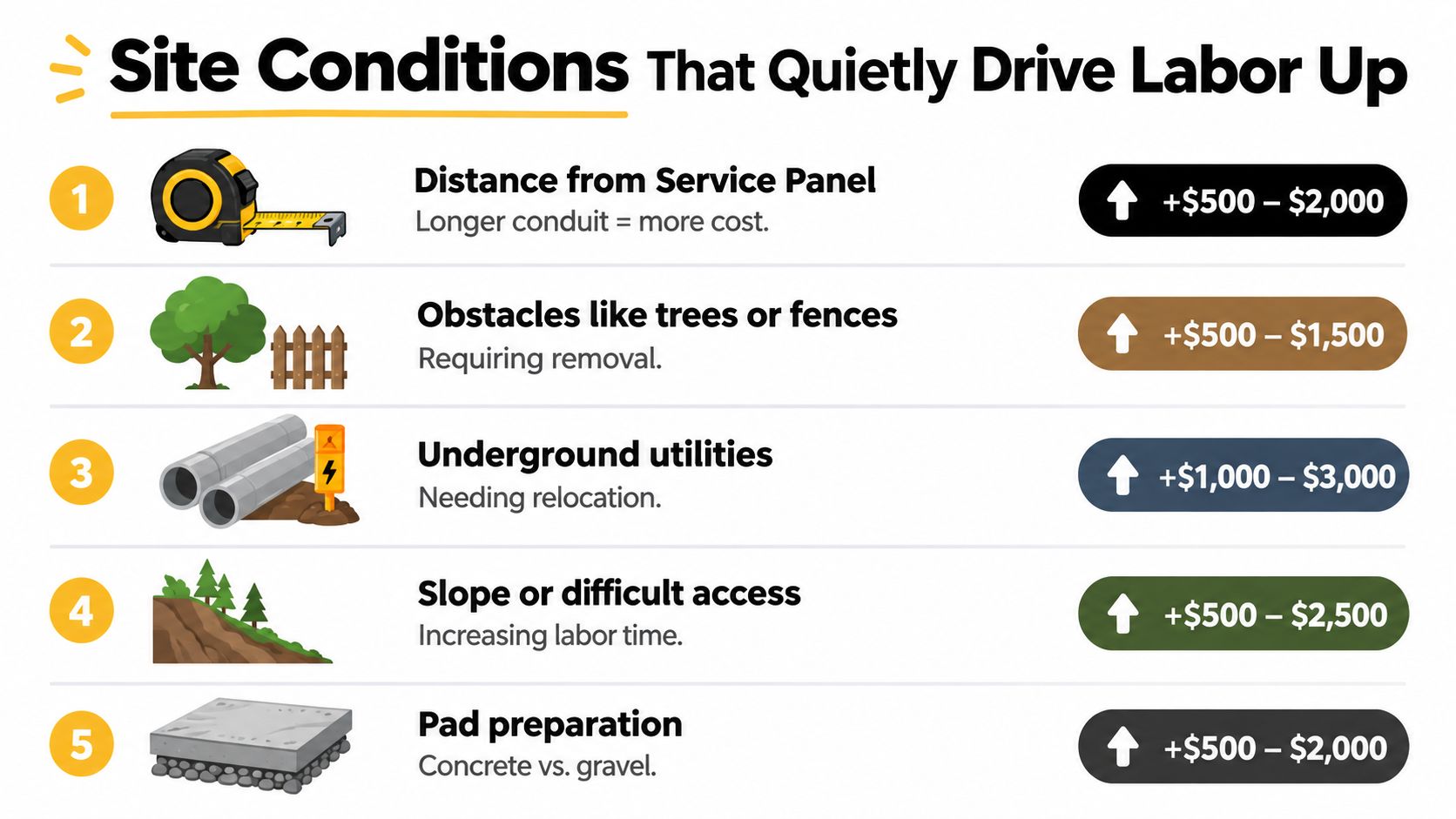 A infographic listing five site conditions that increase the cost of standby generator installation labor.