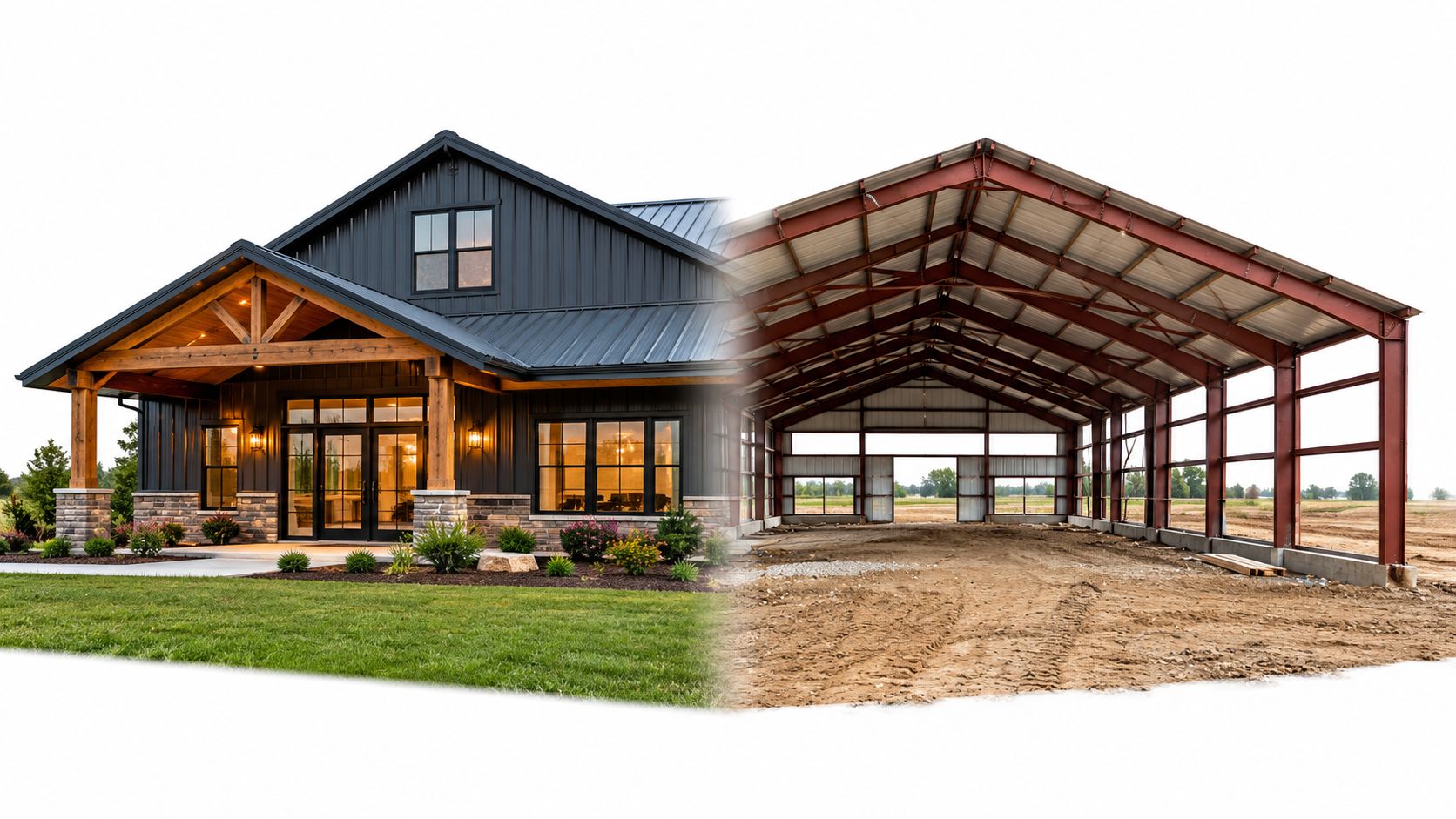 A split-screen comparison showing a finished, modern dark metal barndominium home next to its steel frame construction.