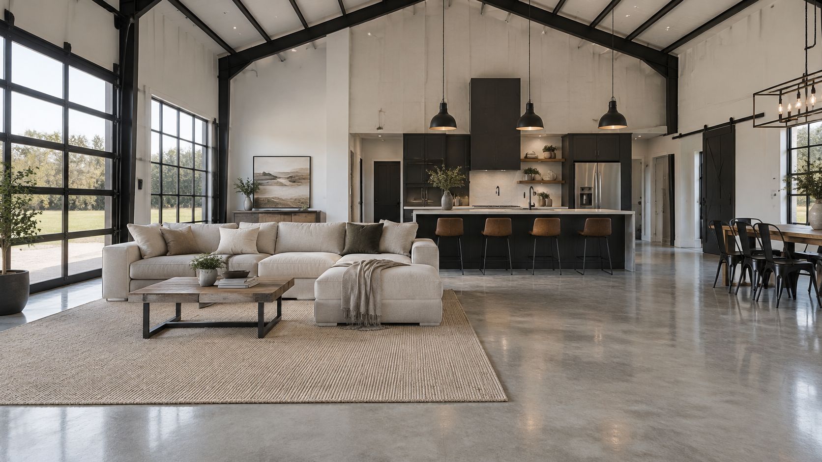 A modern, open-concept barndominium interior featuring a cream sectional sofa, a kitchen island, and polished concrete floors.