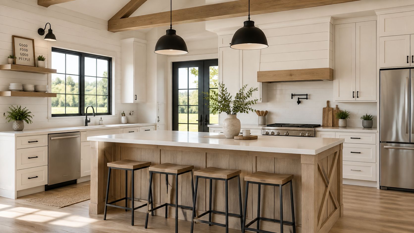 A modern rustic kitchen in a barndominium featuring white cabinets, a wood kitchen island, and bar stools.