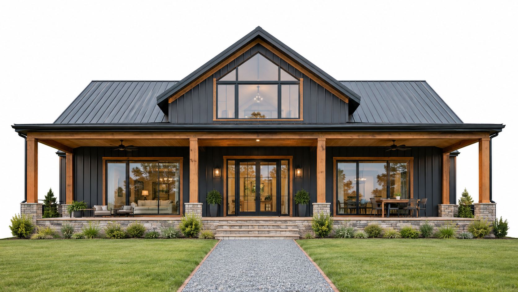 A beautiful modern black farmhouse style barndominium with a large front porch and stone foundation.