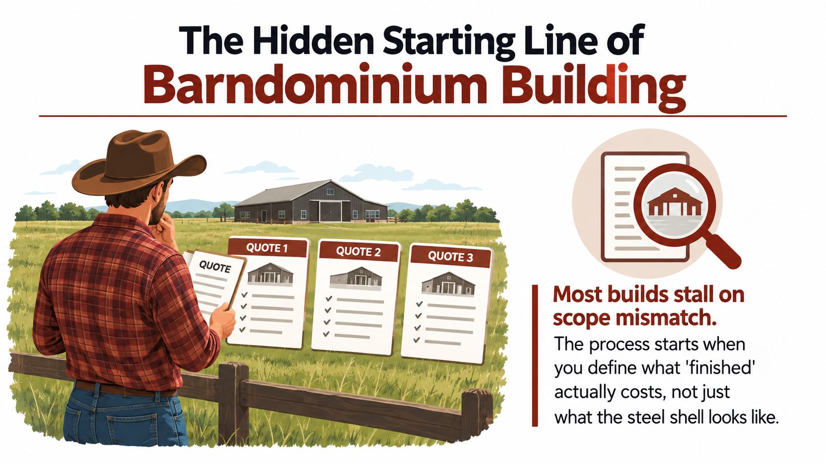 A man in a cowboy hat reviews three different building quotes for his future barndominium project.