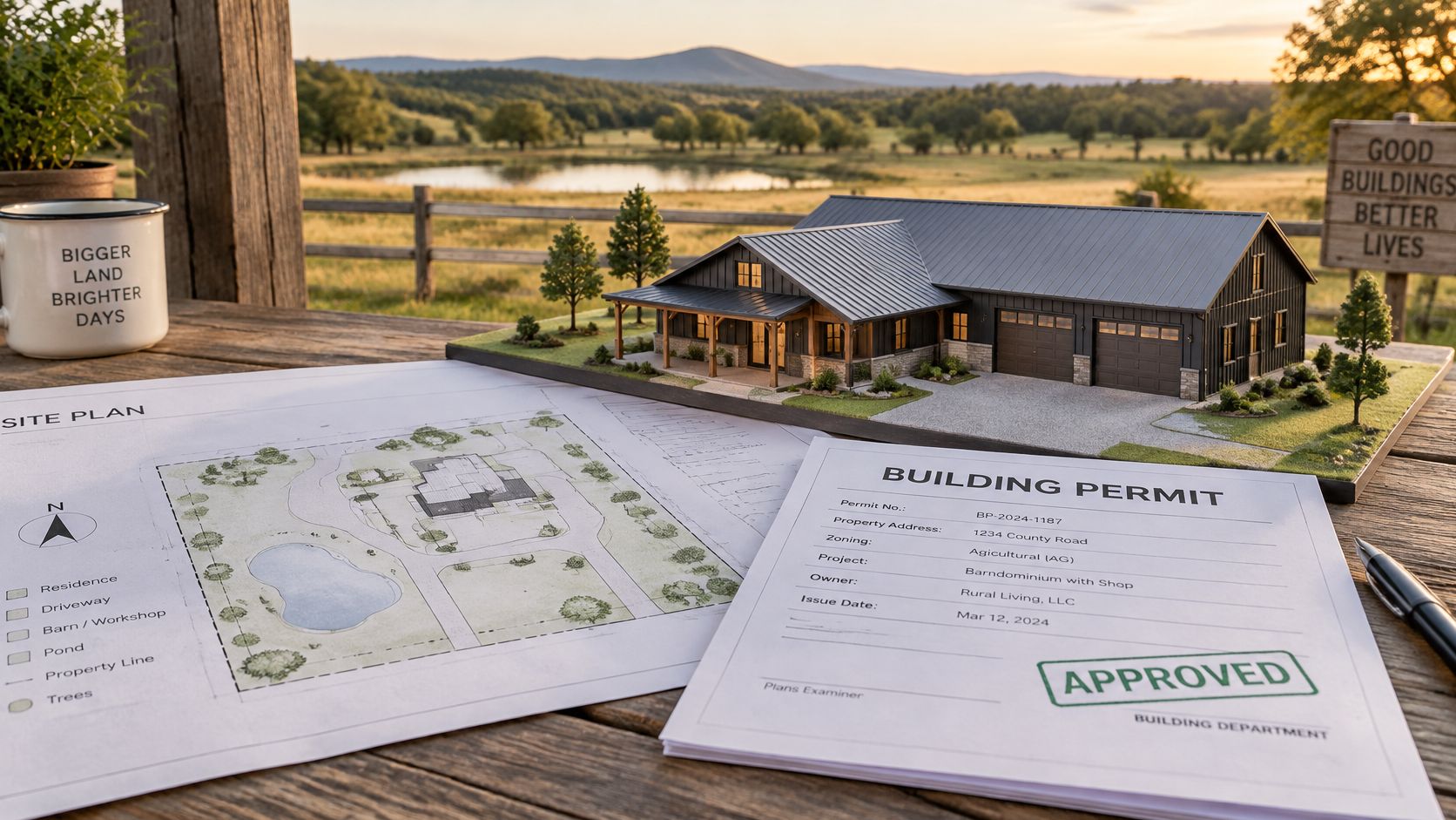 A scale model of a barndominium house sits next to site plans and an approved building permit.